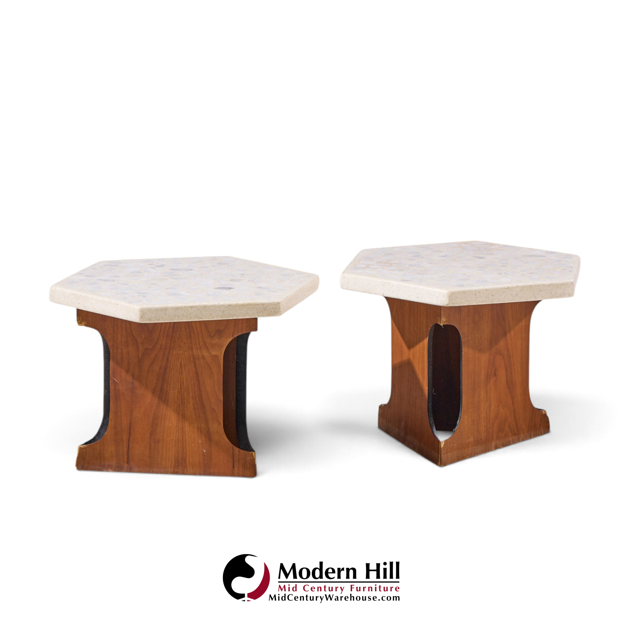 harvey probber mid century walnut and terrazzo top hexagon side tables - pair