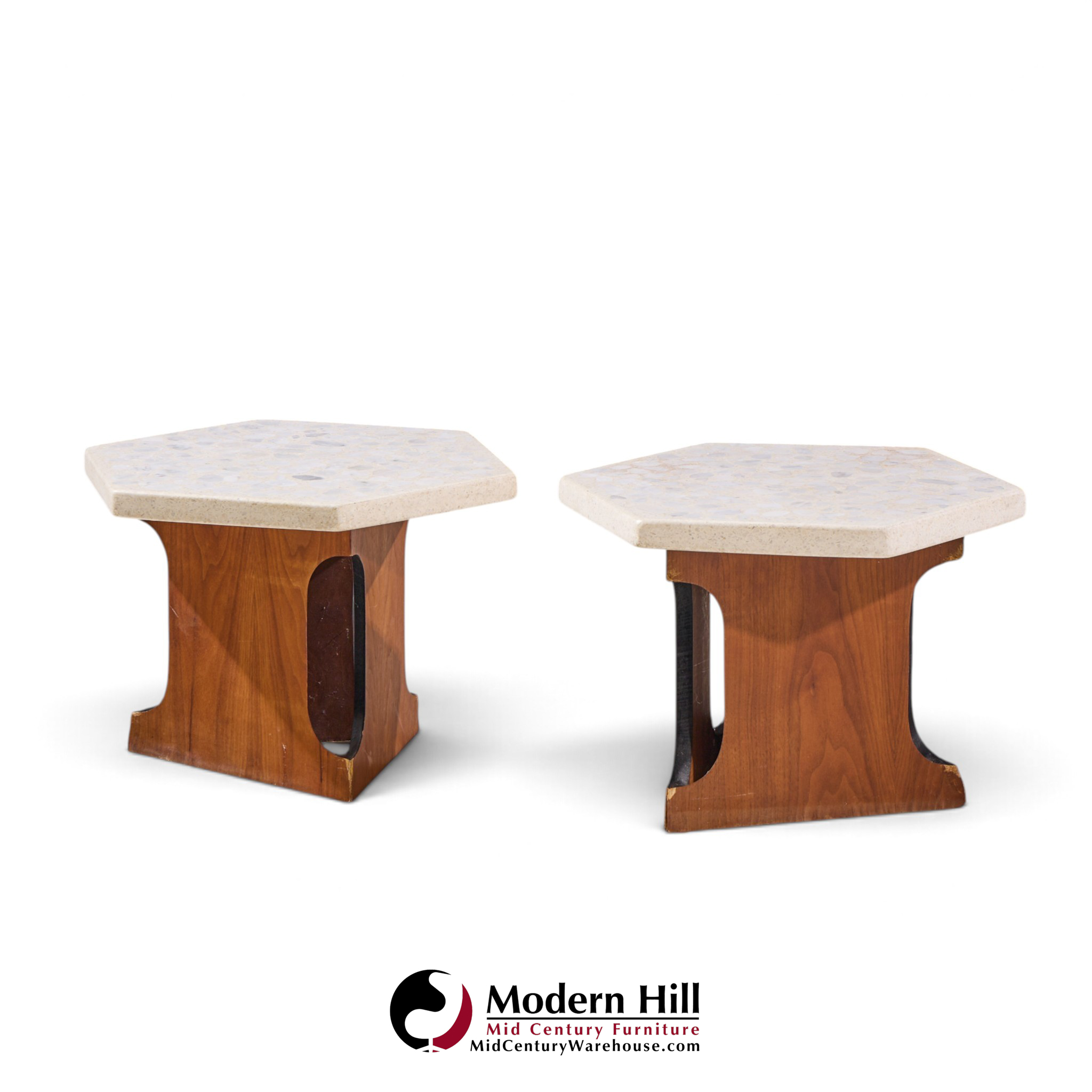 harvey probber mid century walnut and terrazzo top hexagon side tables - pair