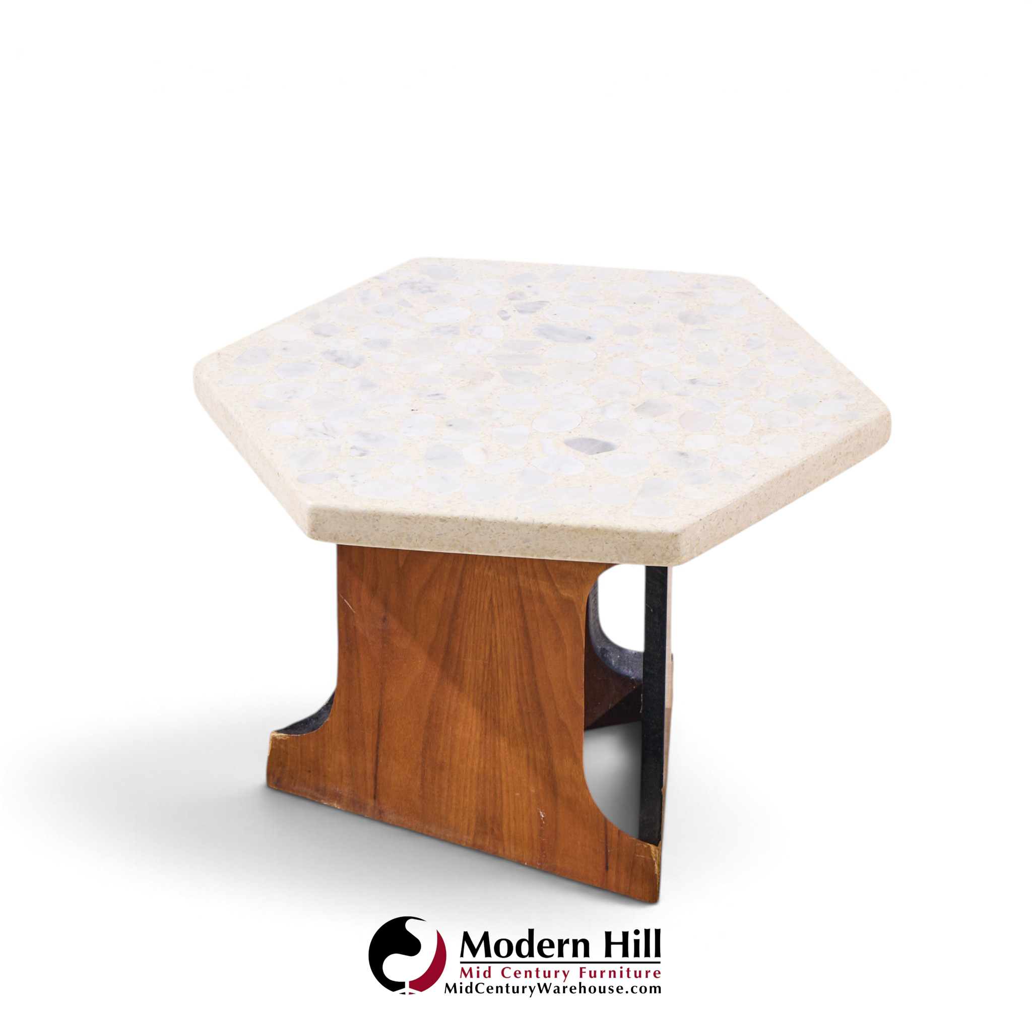 harvey probber mid century walnut and terrazzo top hexagon side tables - pair