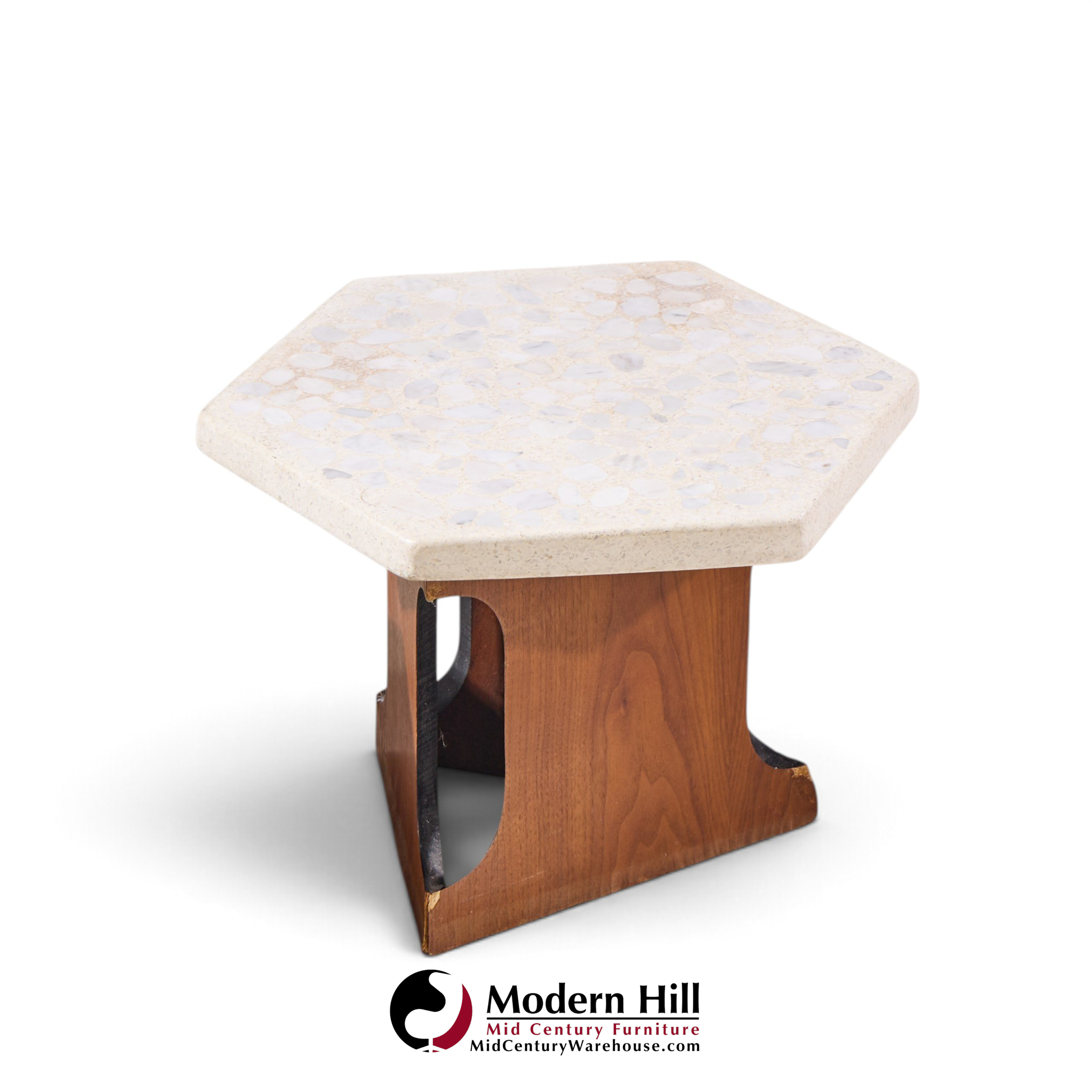harvey probber mid century walnut and terrazzo top hexagon side tables - pair