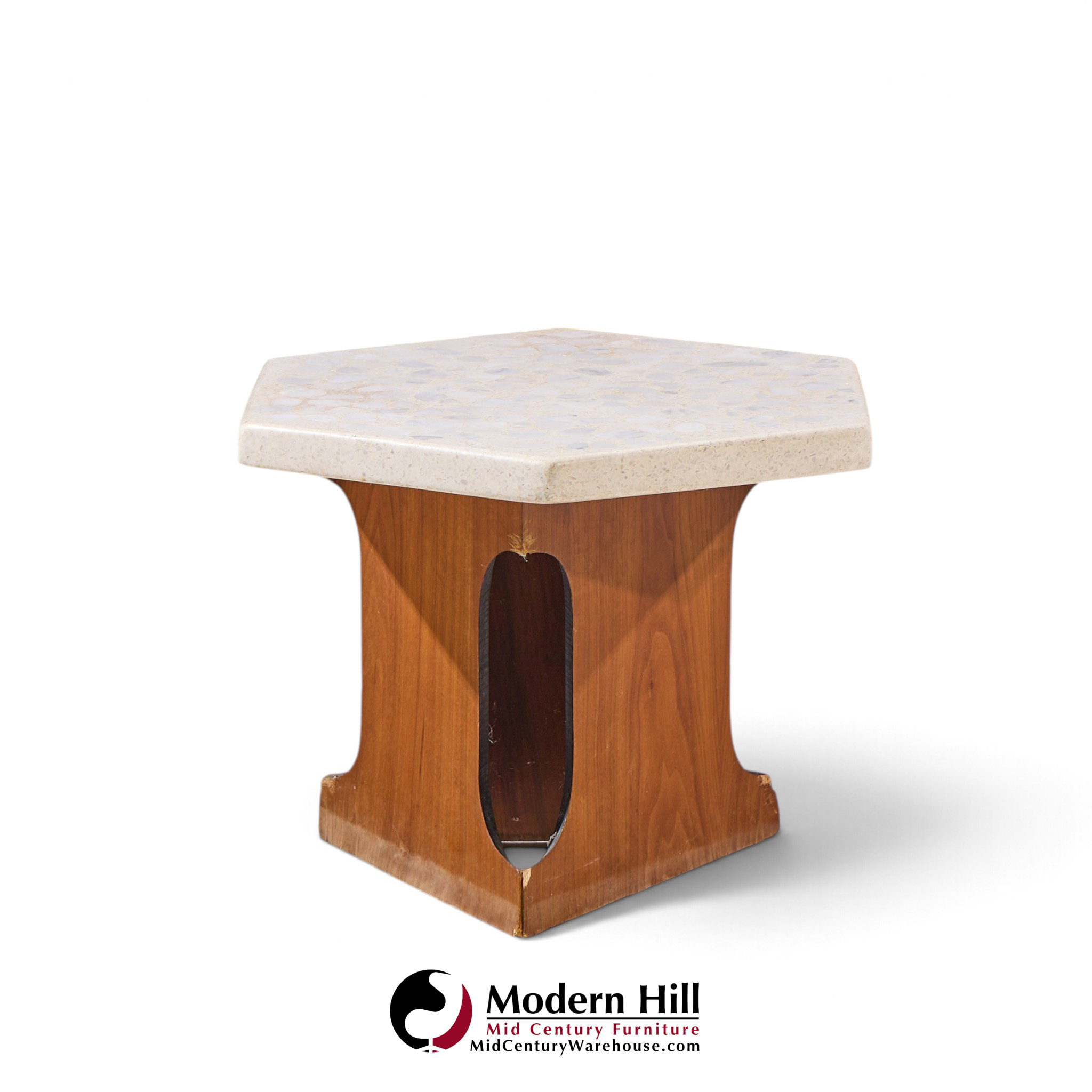 harvey probber mid century walnut and terrazzo top hexagon side tables - pair