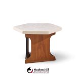 harvey probber mid century walnut and terrazzo top hexagon side tables - pair