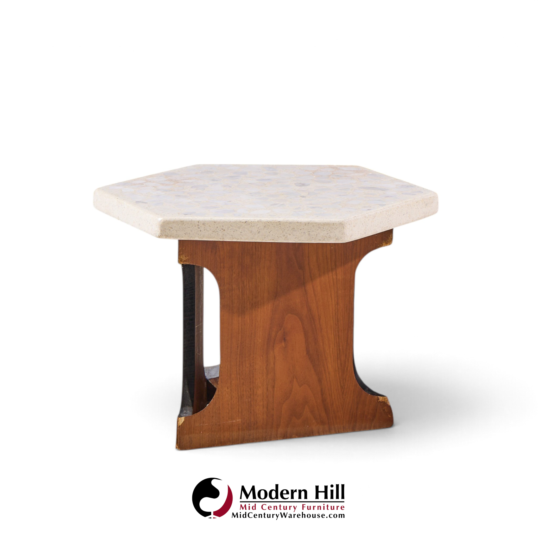 harvey probber mid century walnut and terrazzo top hexagon side tables - pair