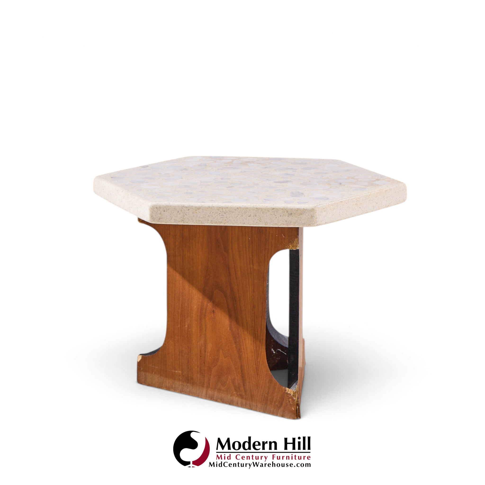 harvey probber mid century walnut and terrazzo top hexagon side tables - pair
