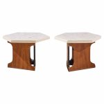 harvey probber mid century walnut and terrazzo top hexagon side tables - pair