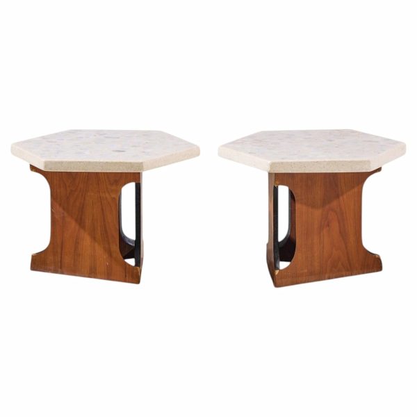 harvey probber mid century walnut and terrazzo top hexagon side tables - pair