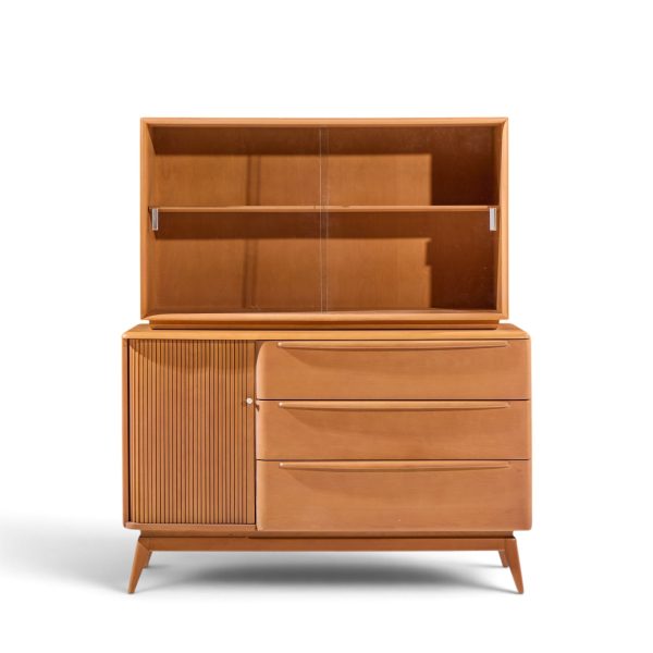 heywood wakefield mid century champagne tambour door sideboard credenza with hutch