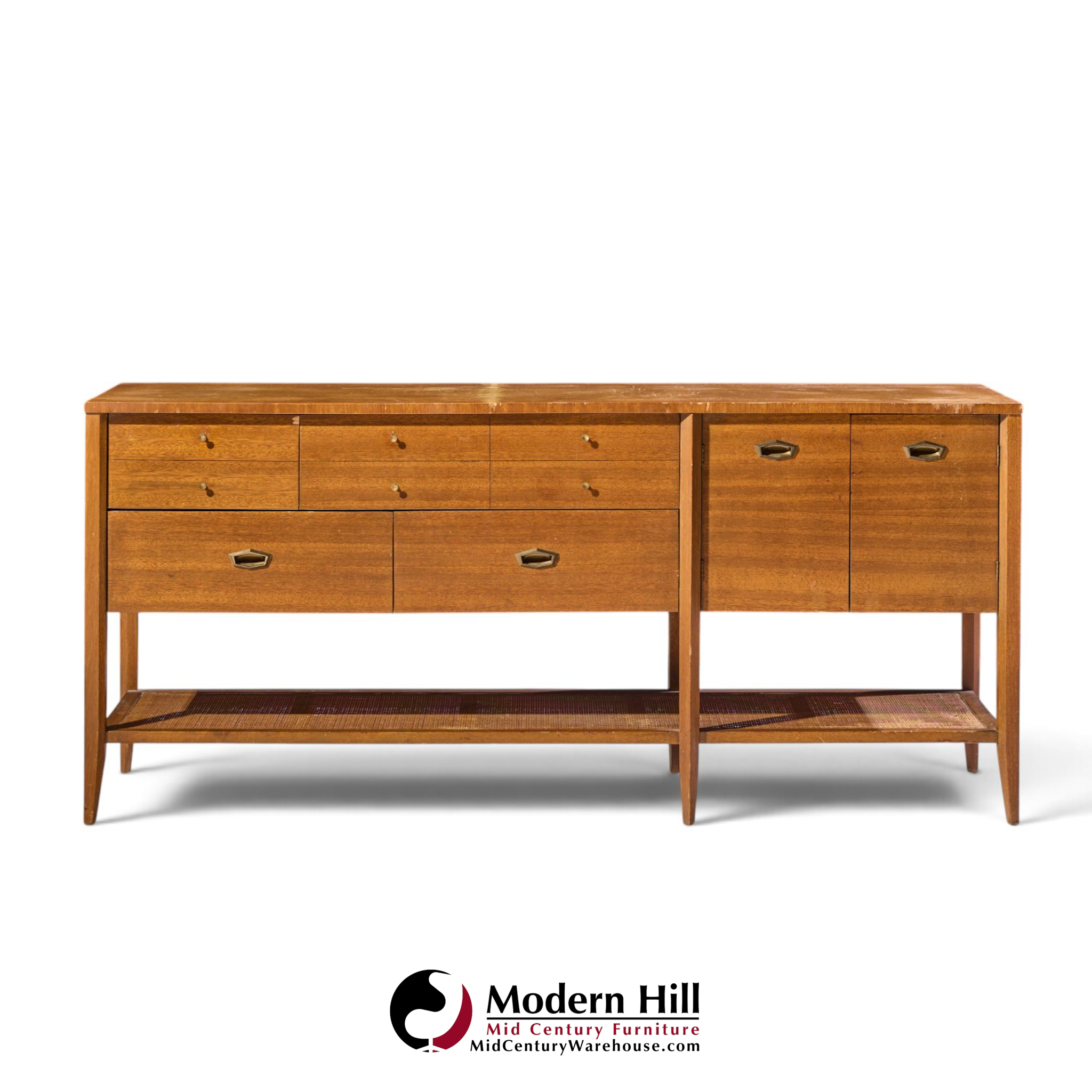 john keal for brown saltman style mid century mahogany and cane console credenza