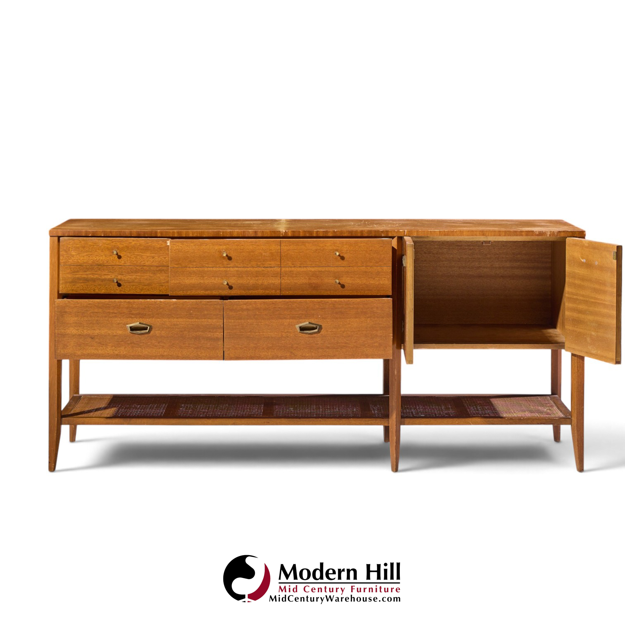 john keal for brown saltman style mid century mahogany and cane console credenza
