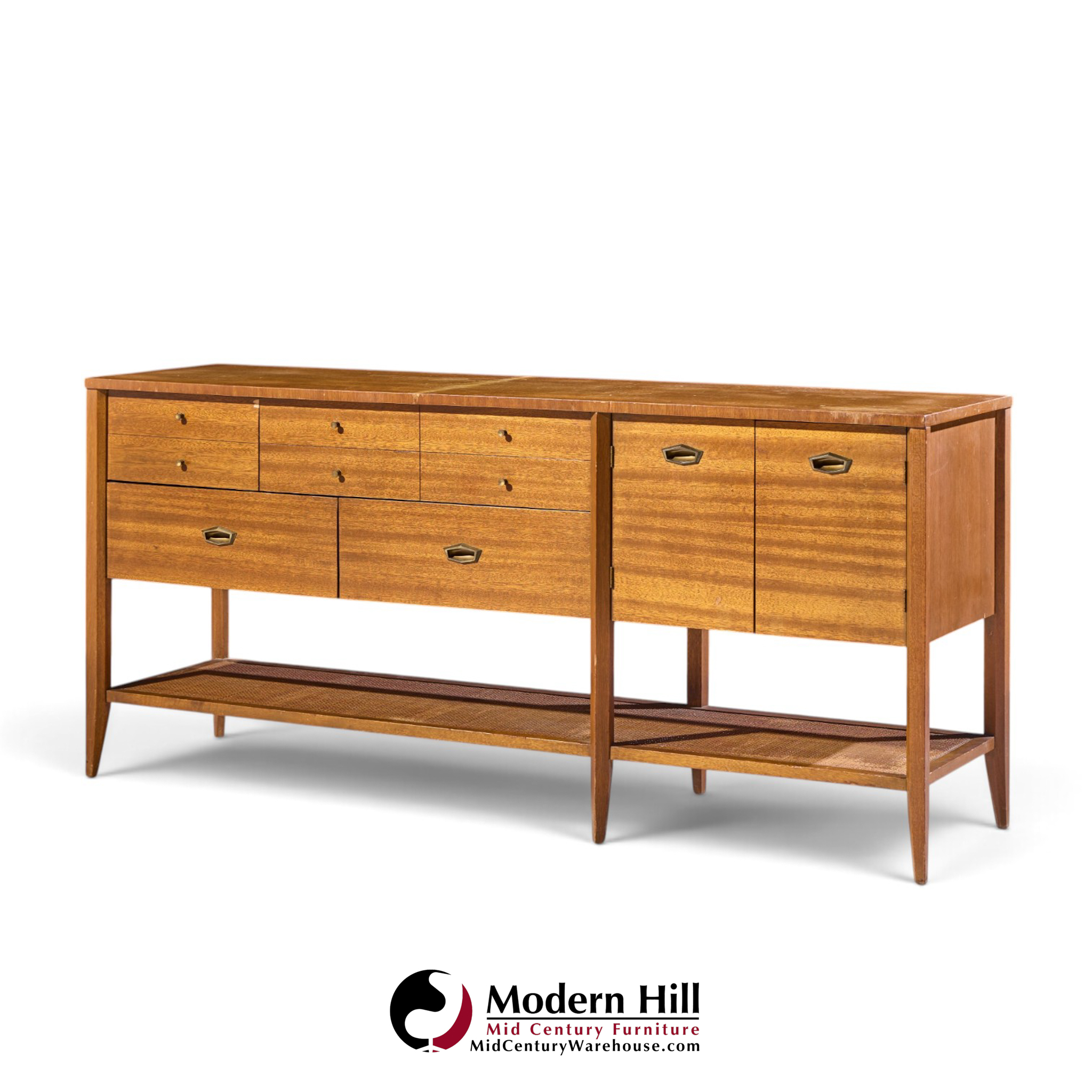 john keal for brown saltman style mid century mahogany and cane console credenza