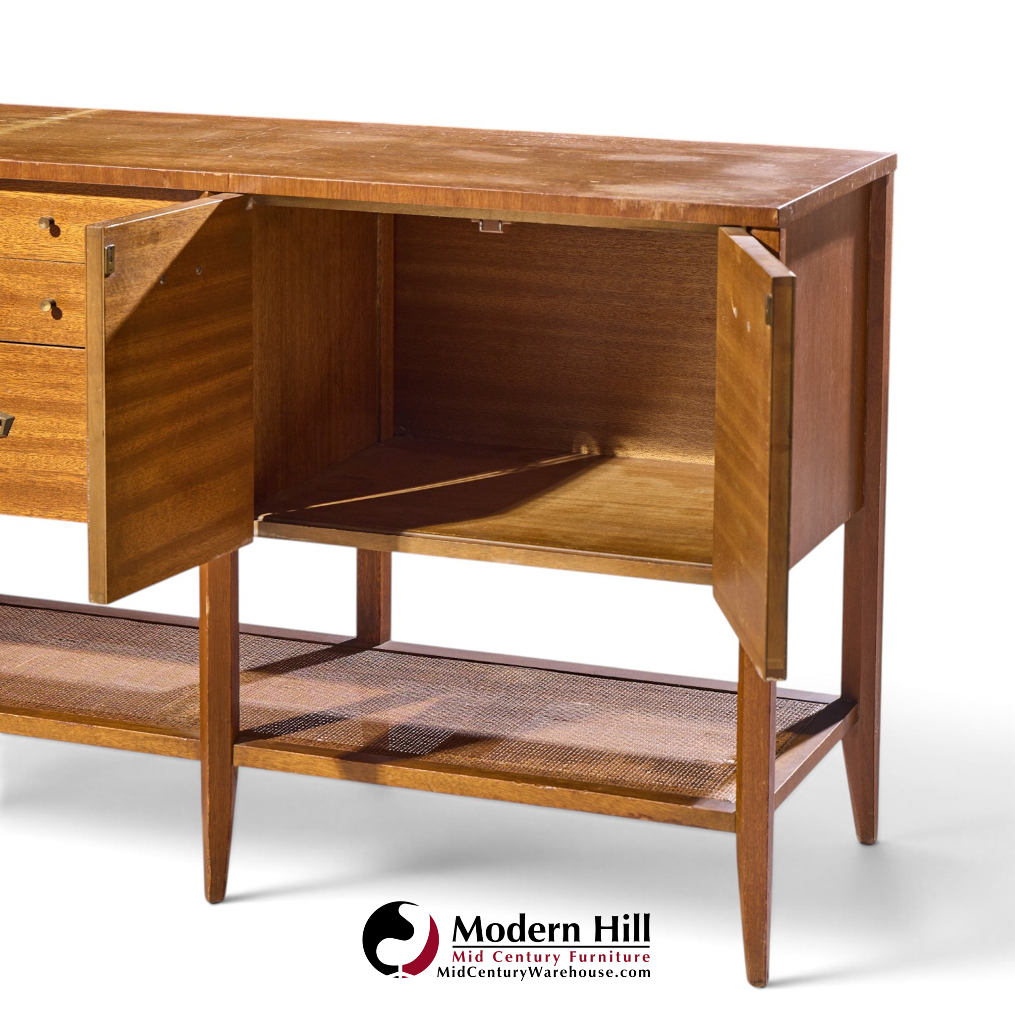john keal for brown saltman style mid century mahogany and cane console credenza