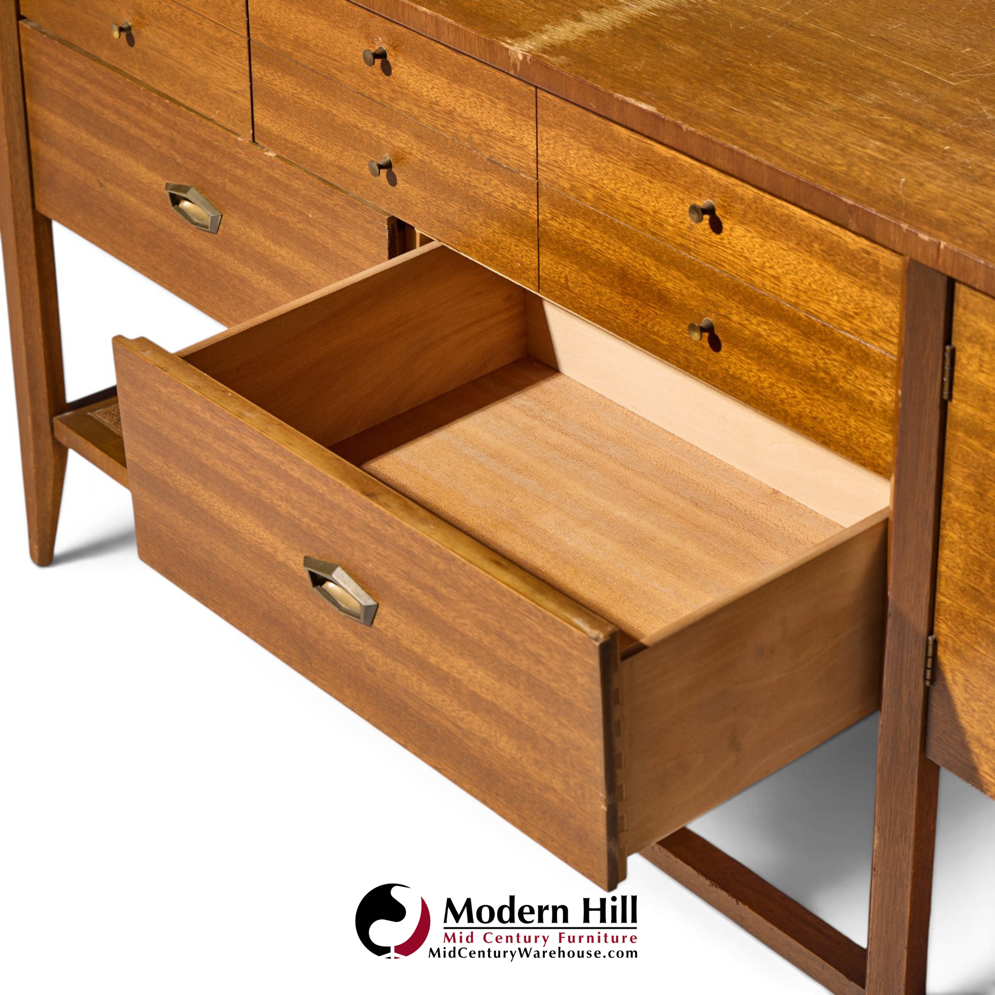 john keal for brown saltman style mid century mahogany and cane console credenza