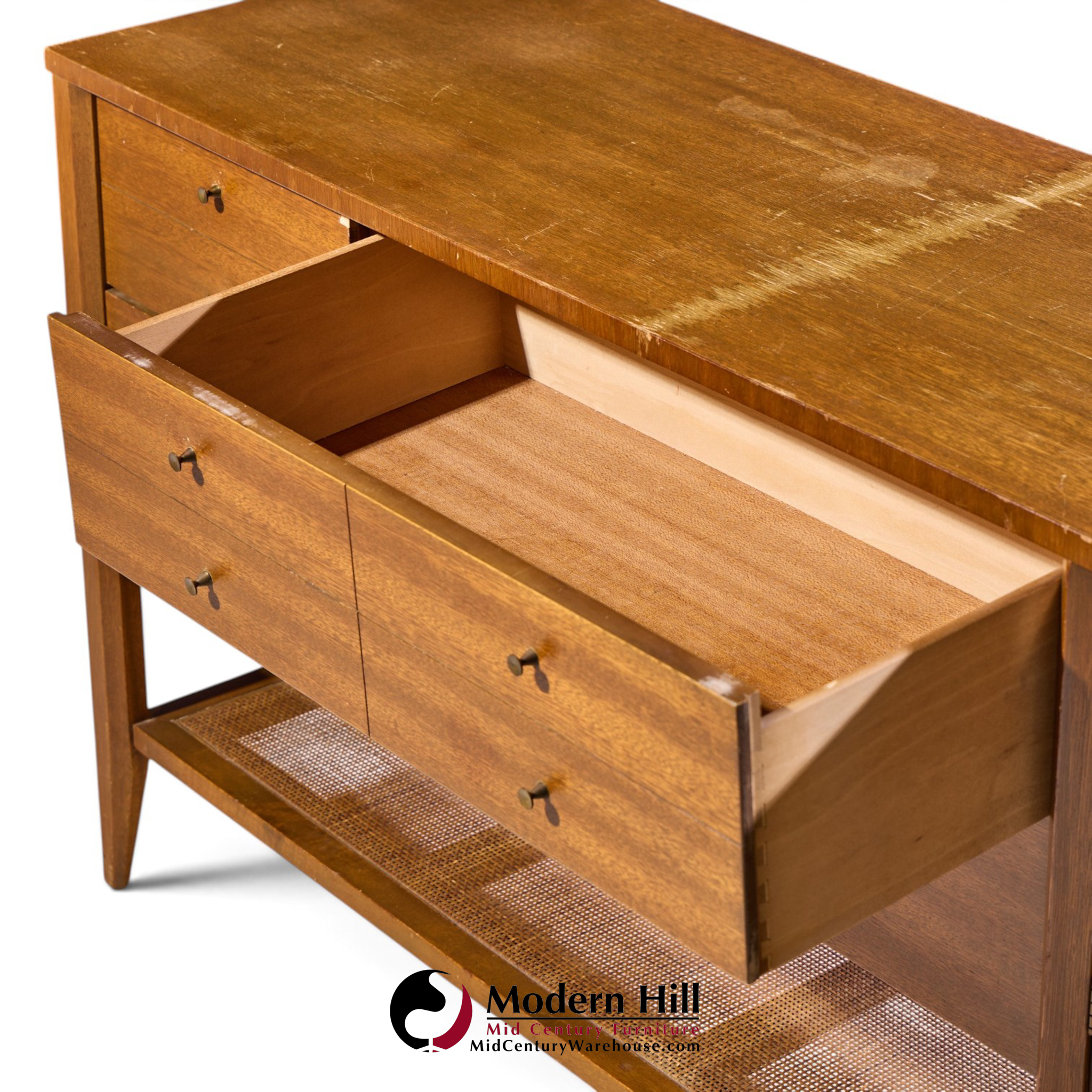 john keal for brown saltman style mid century mahogany and cane console credenza
