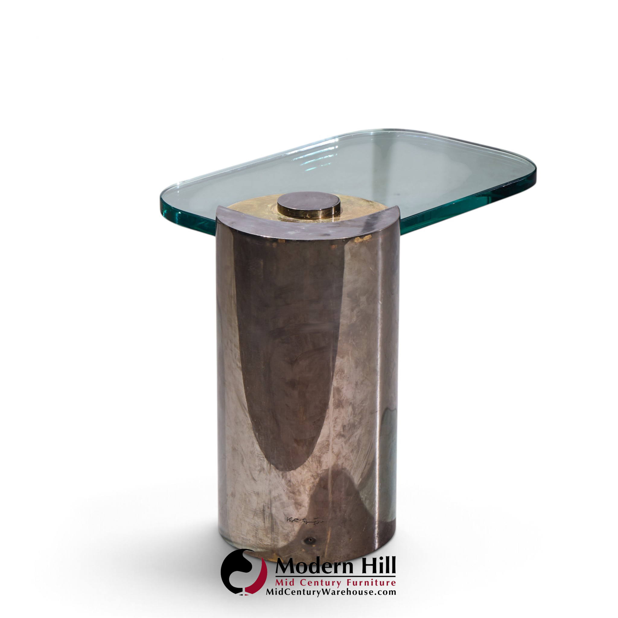 karl springer mid century sculpture leg gunmetal and glass side table