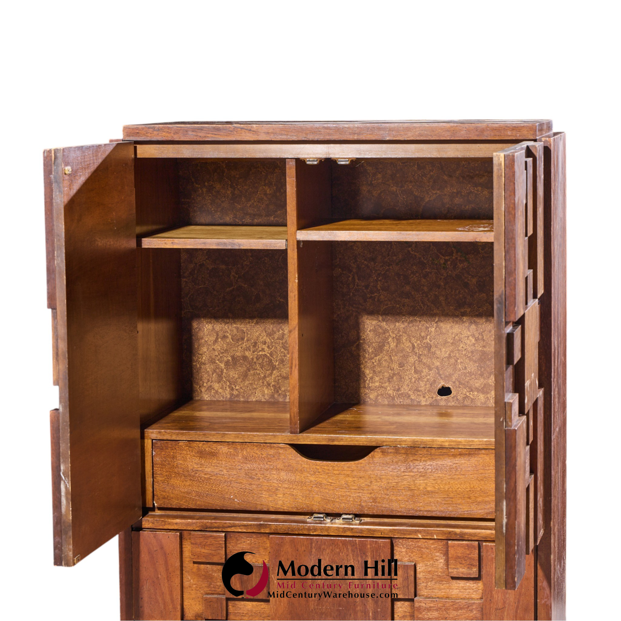 lane staccato brutalist mid century walnut armoire highboy dresser