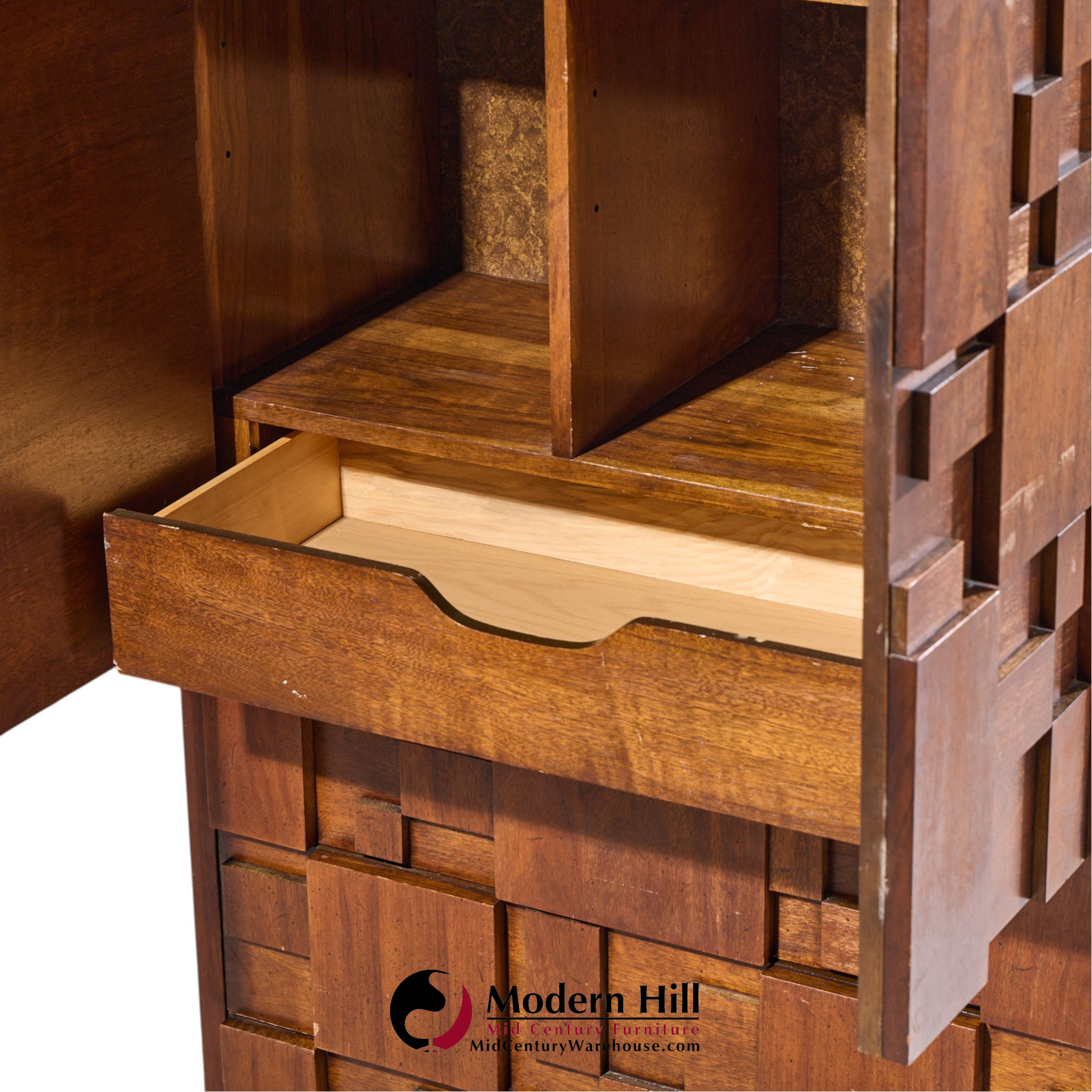 lane staccato brutalist mid century walnut armoire highboy dresser