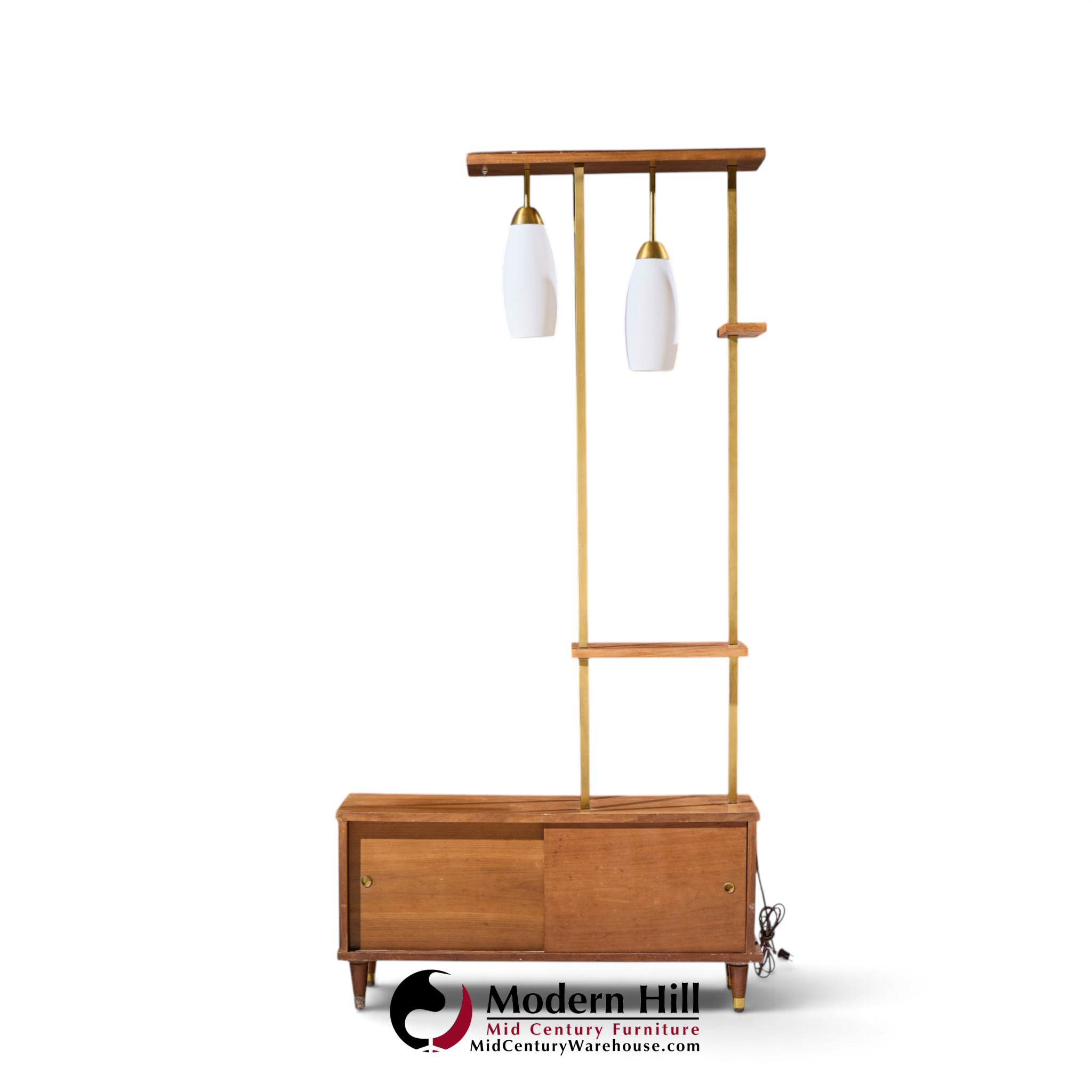 mid century walnut and brass wall unit room divider