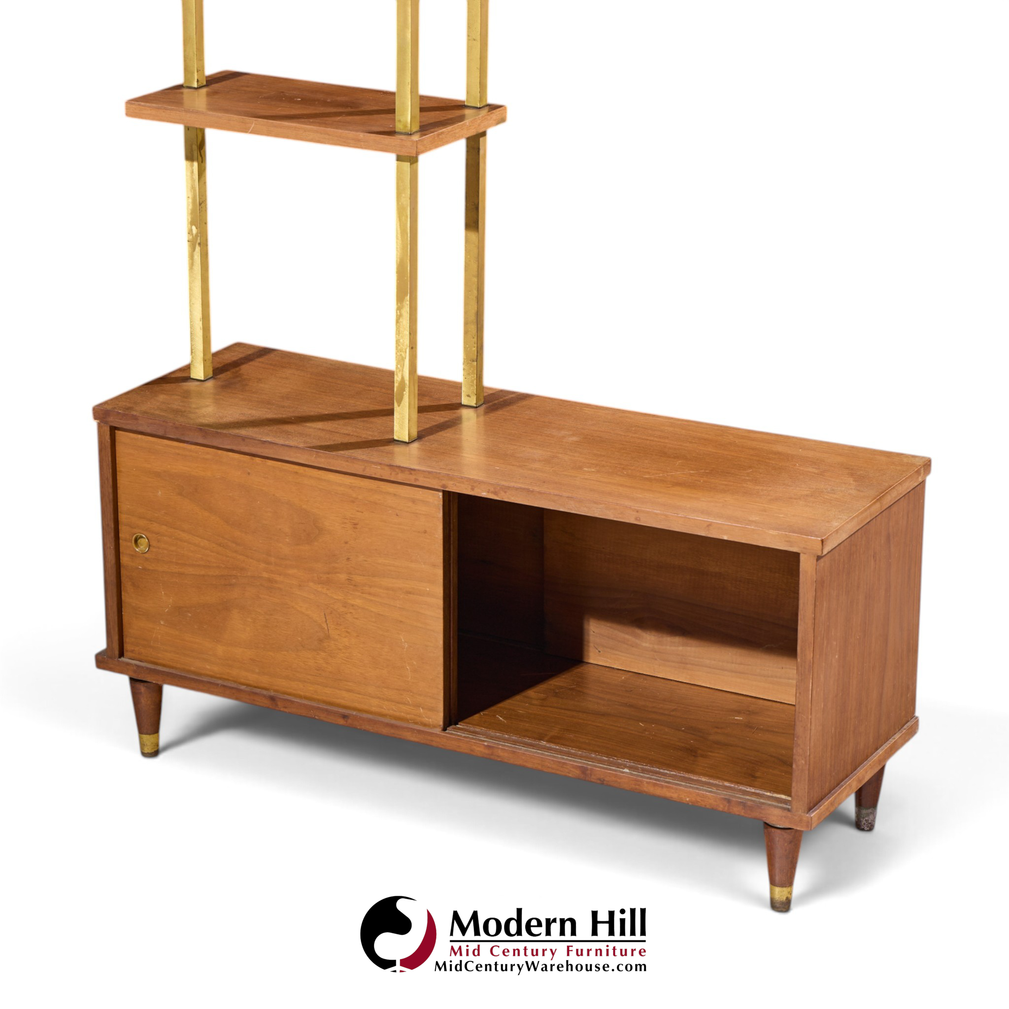 mid century walnut and brass wall unit room divider