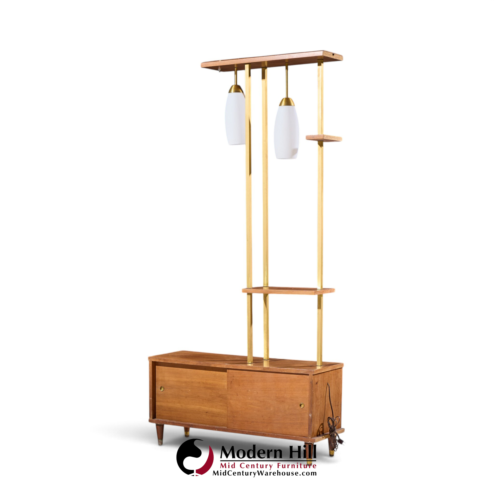 mid century walnut and brass wall unit room divider