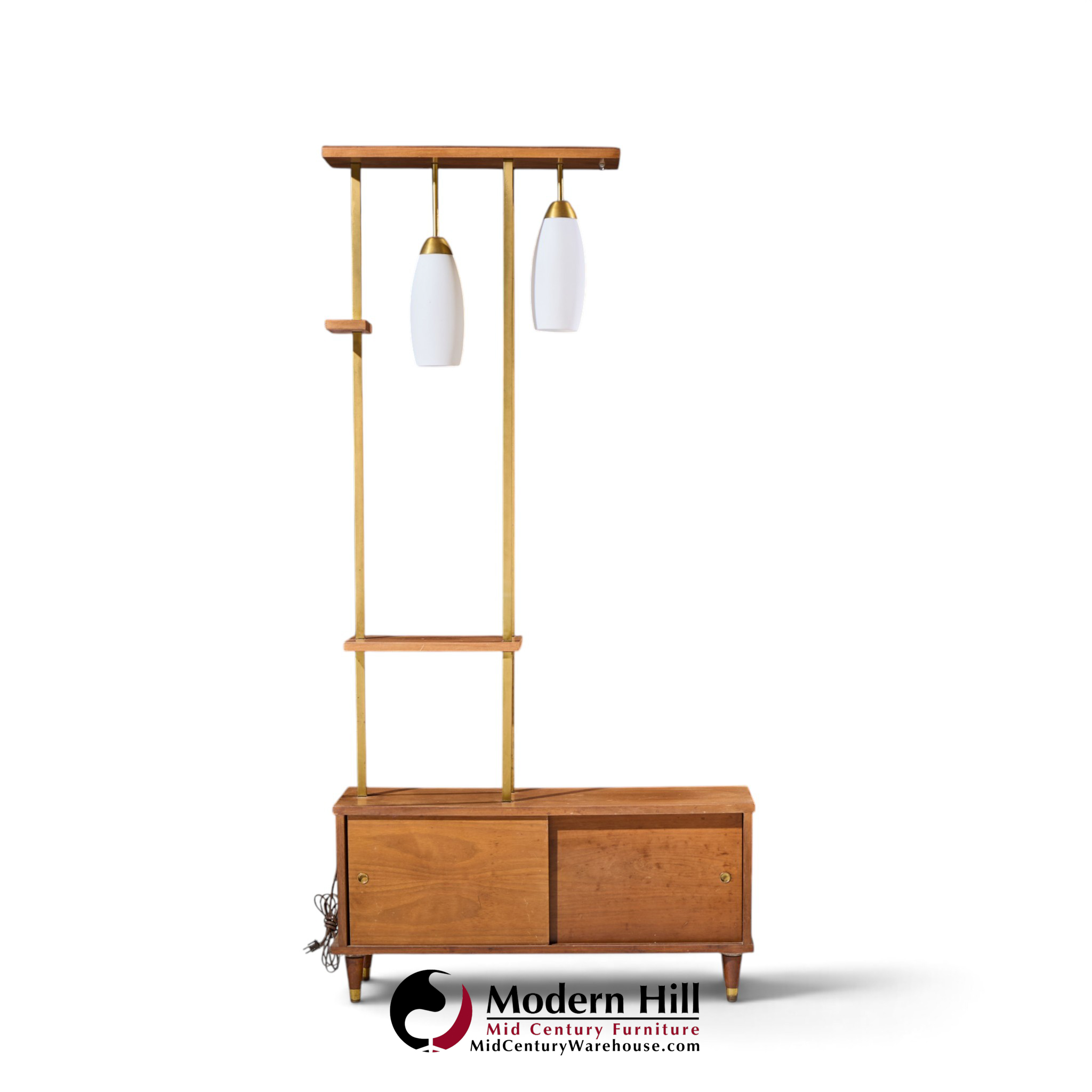 mid century walnut and brass wall unit room divider