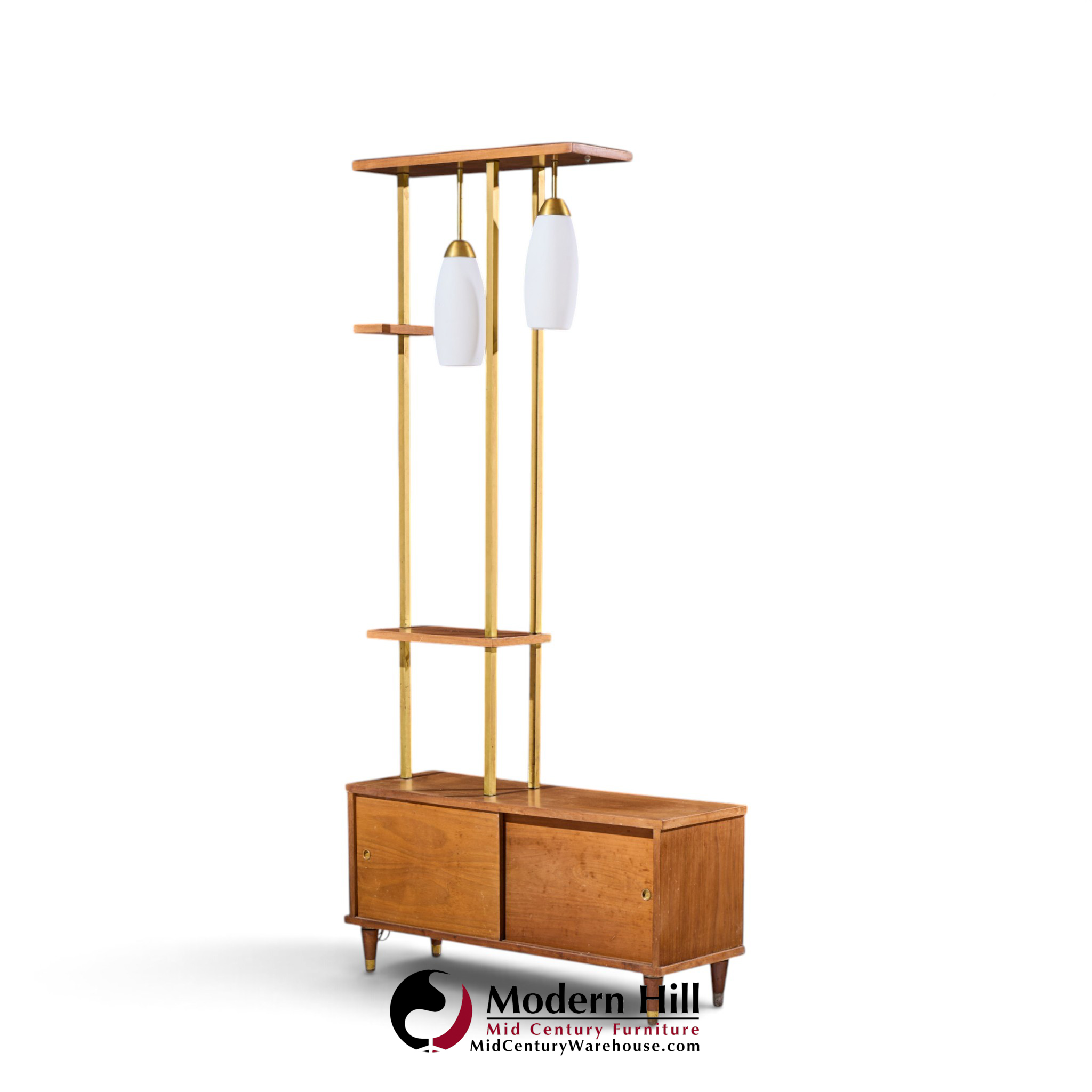 mid century walnut and brass wall unit room divider