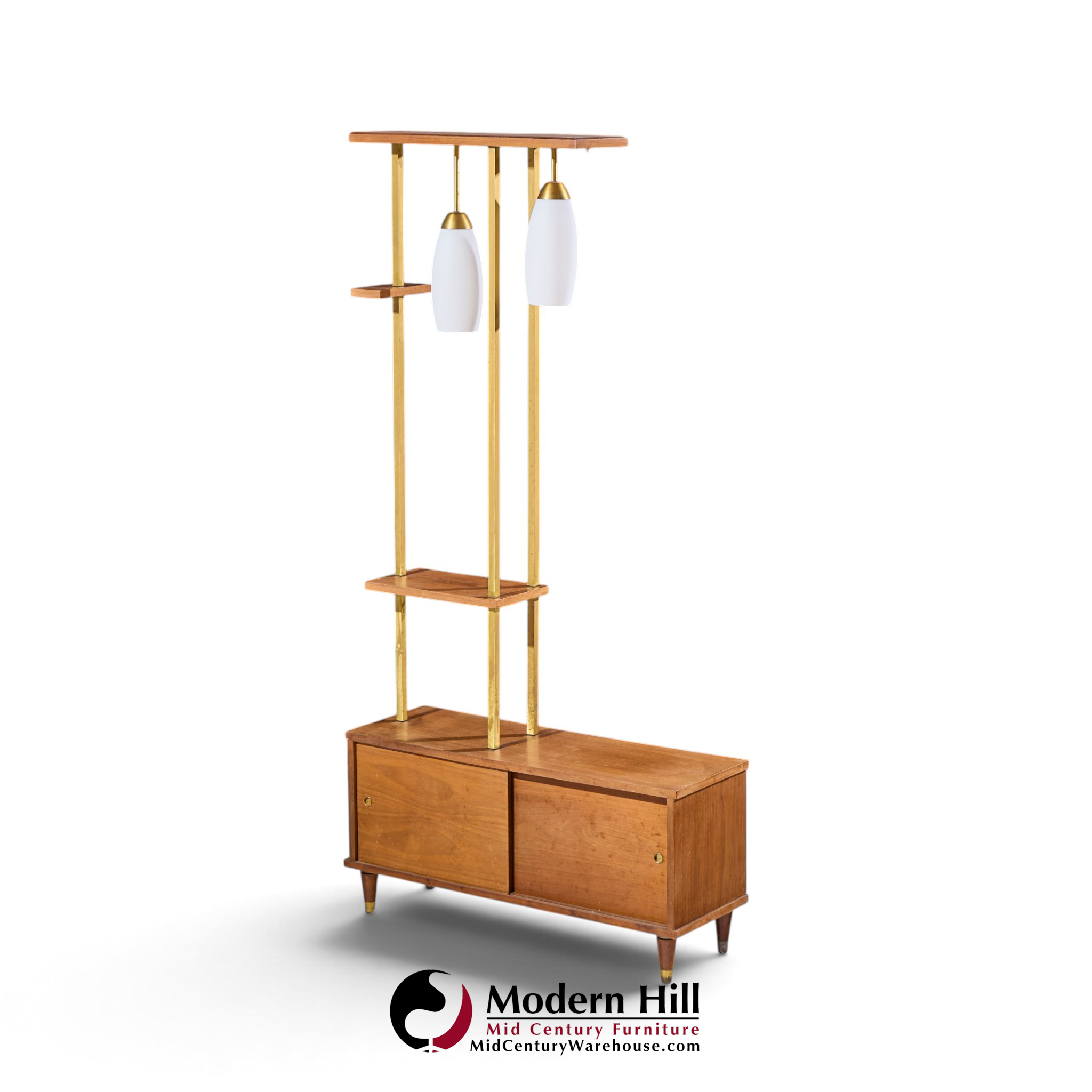 mid century walnut and brass wall unit room divider