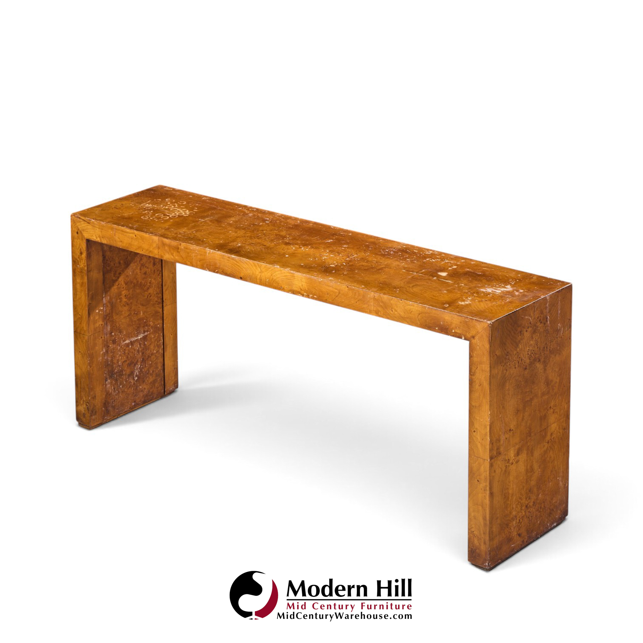 milo baughman style mid century burlwood console table
