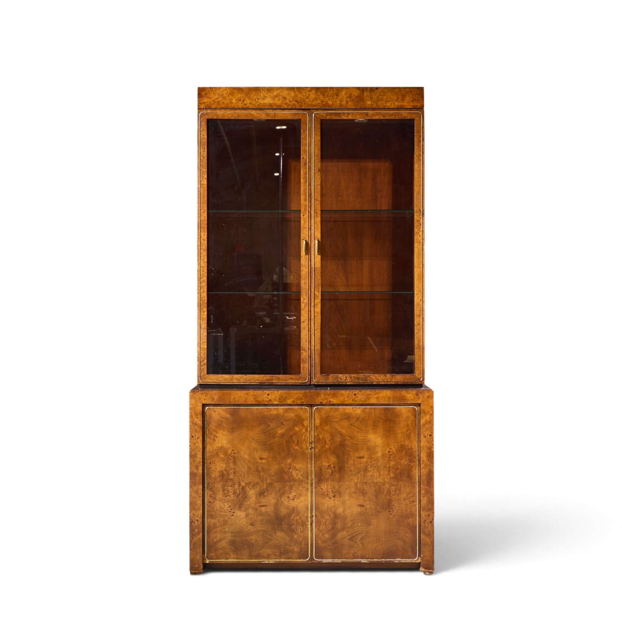 milo baughman style mid century burlwood and brass credenza with hutch