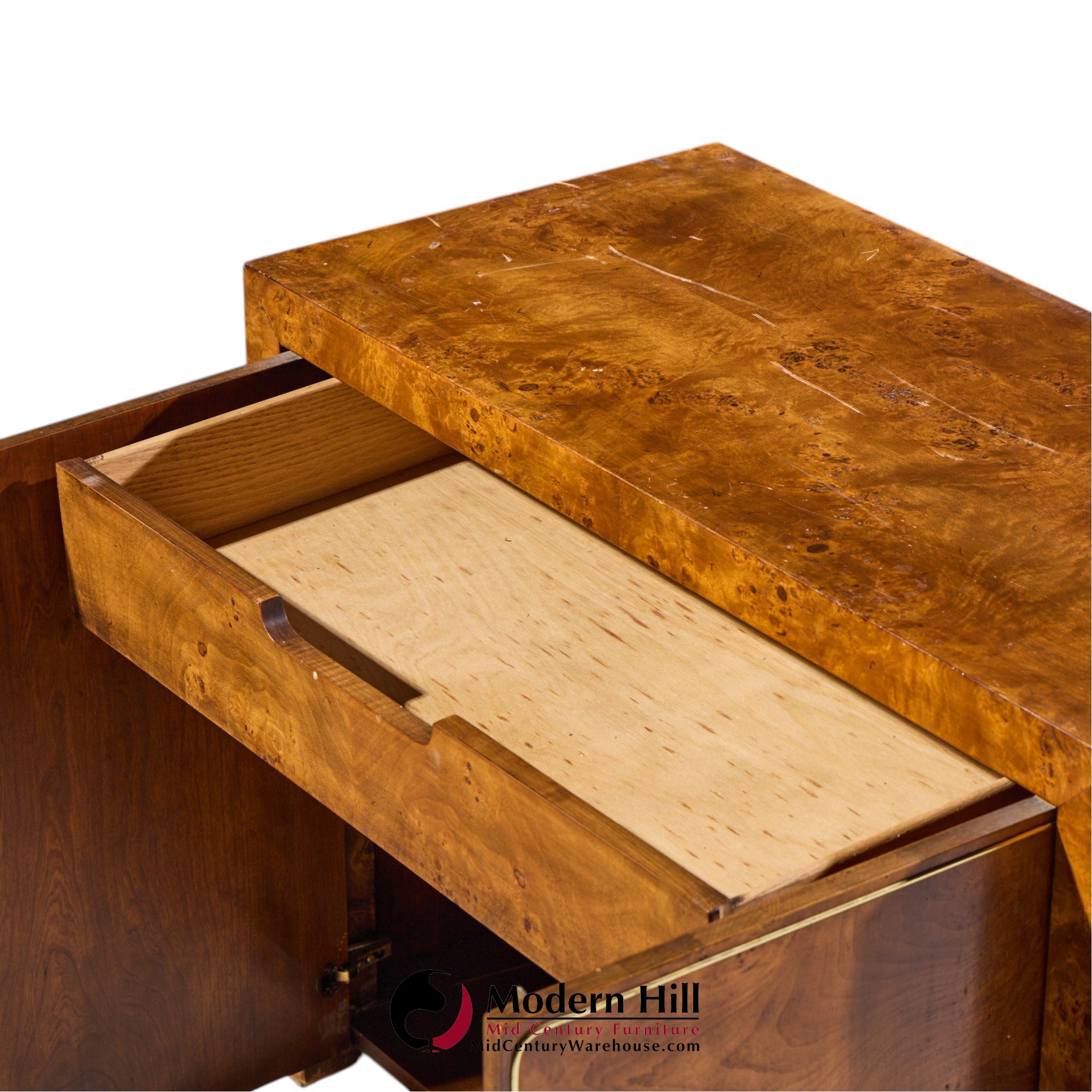 milo baughman style mid century burlwood and brass credenza with hutch