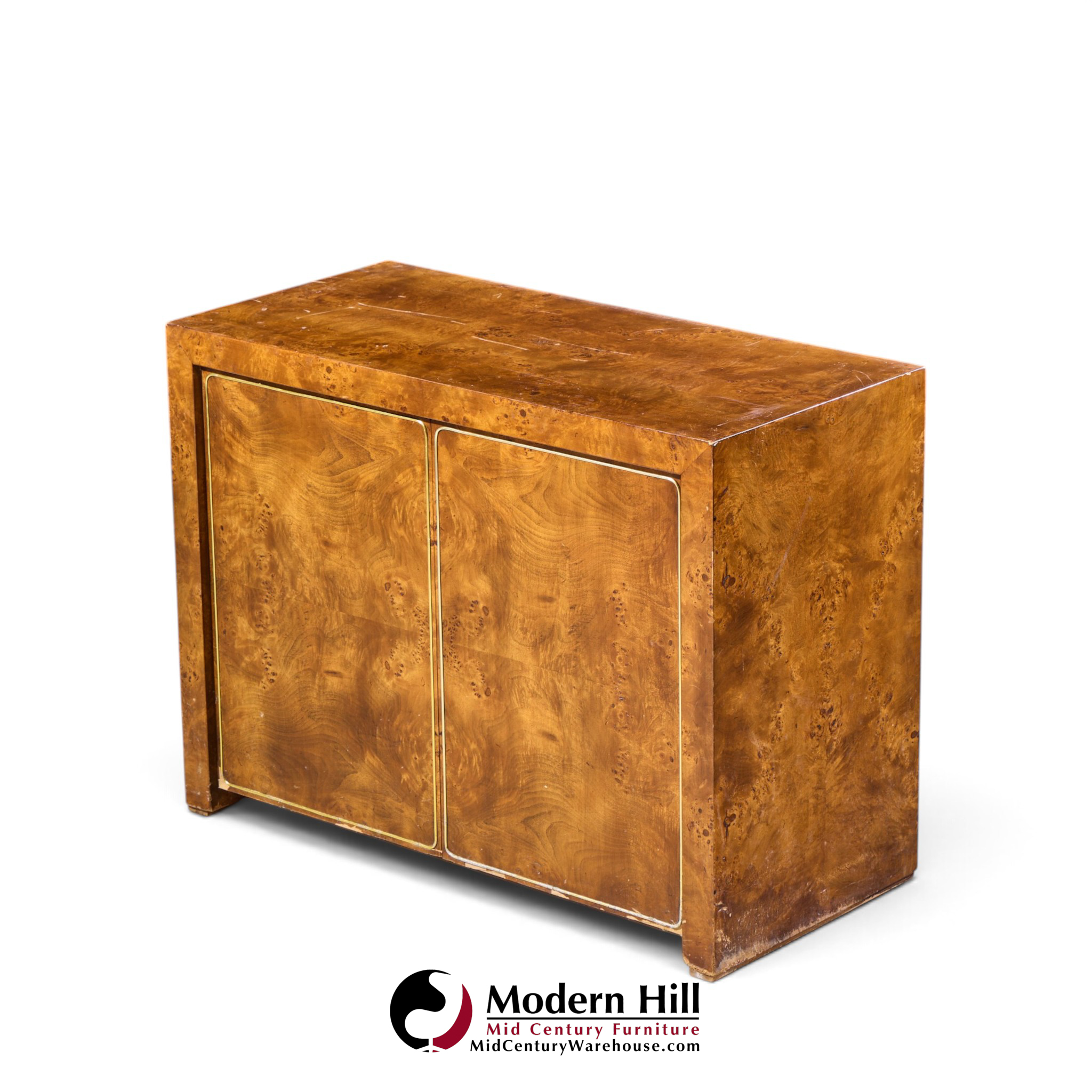 milo baughman style mid century burlwood and brass credenza with hutch