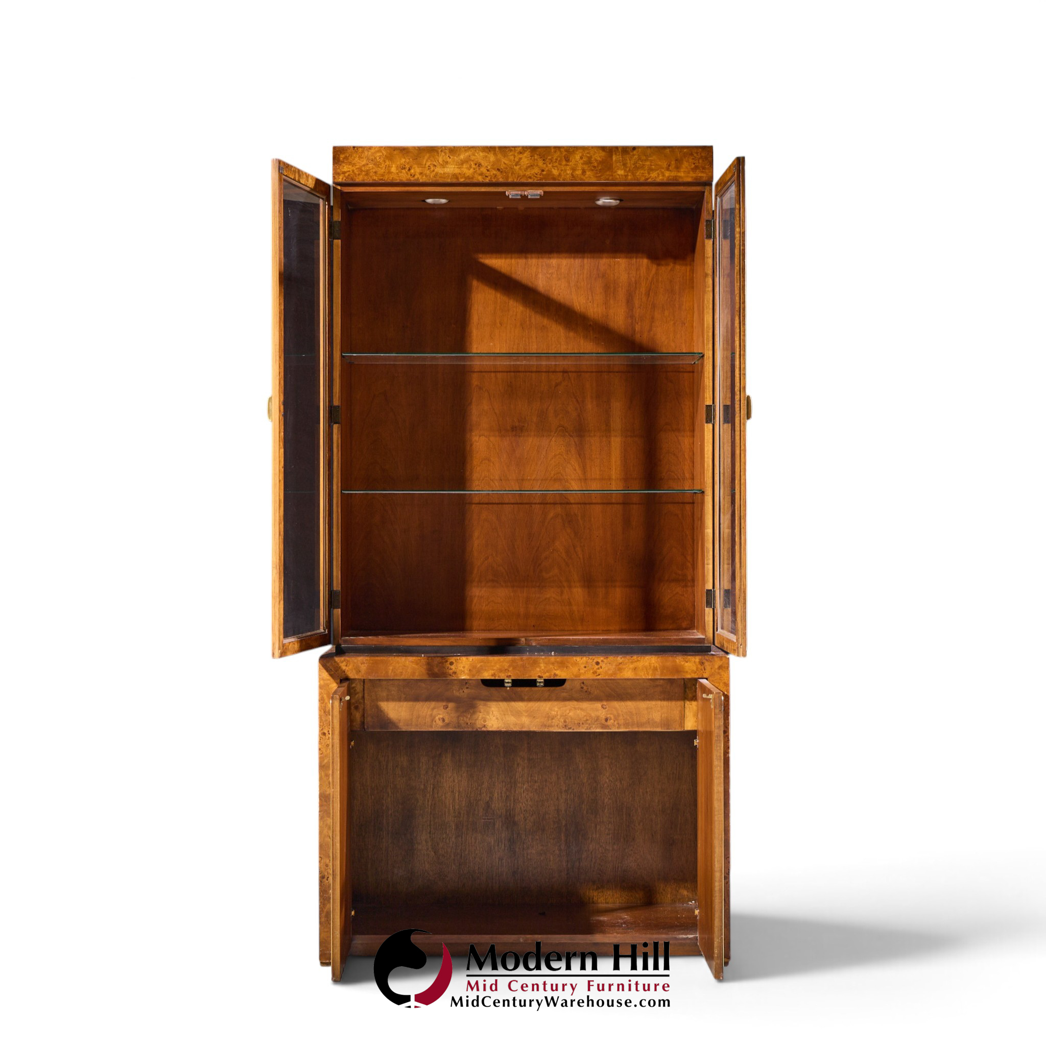 milo baughman style mid century burlwood and brass credenza with hutch