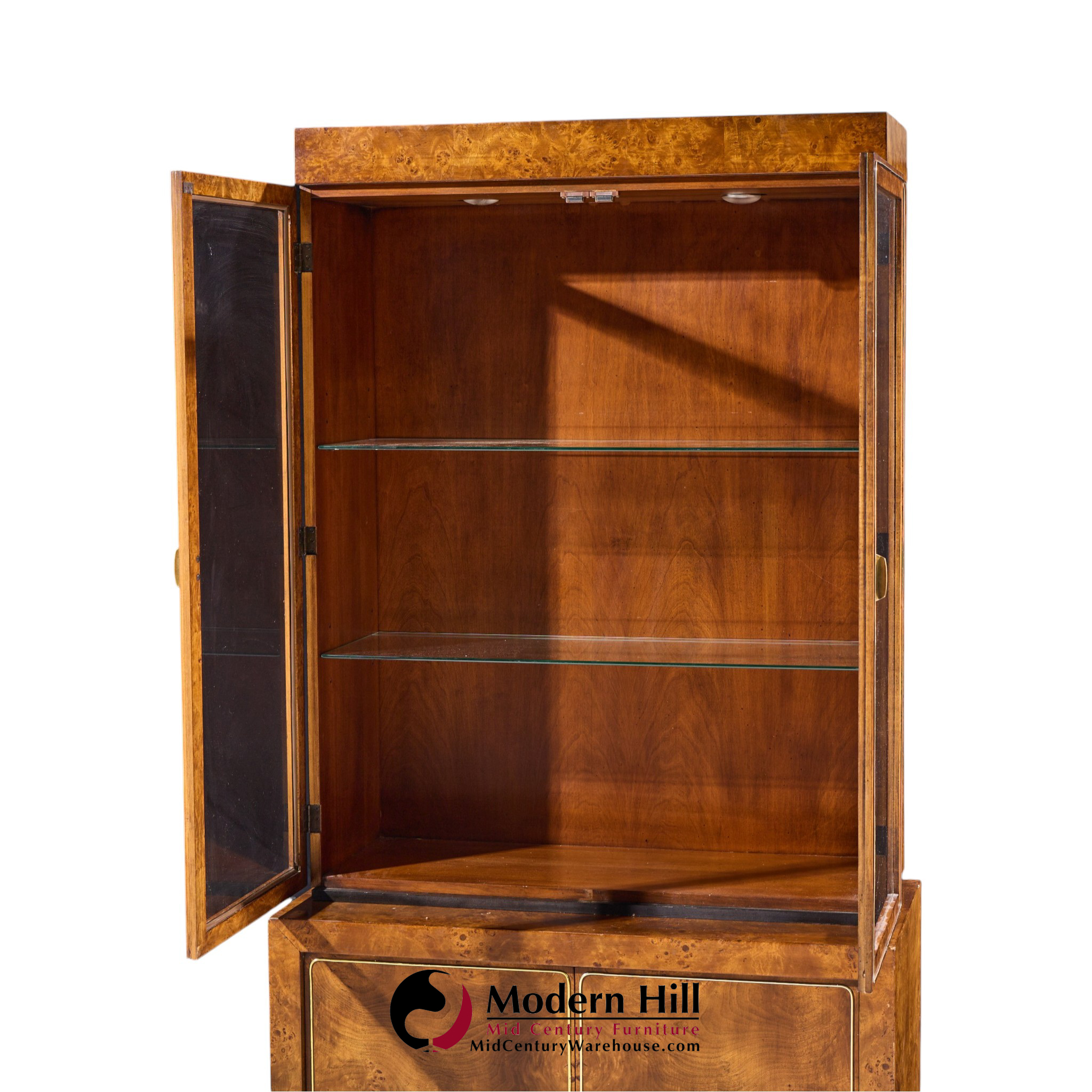 milo baughman style mid century burlwood and brass credenza with hutch