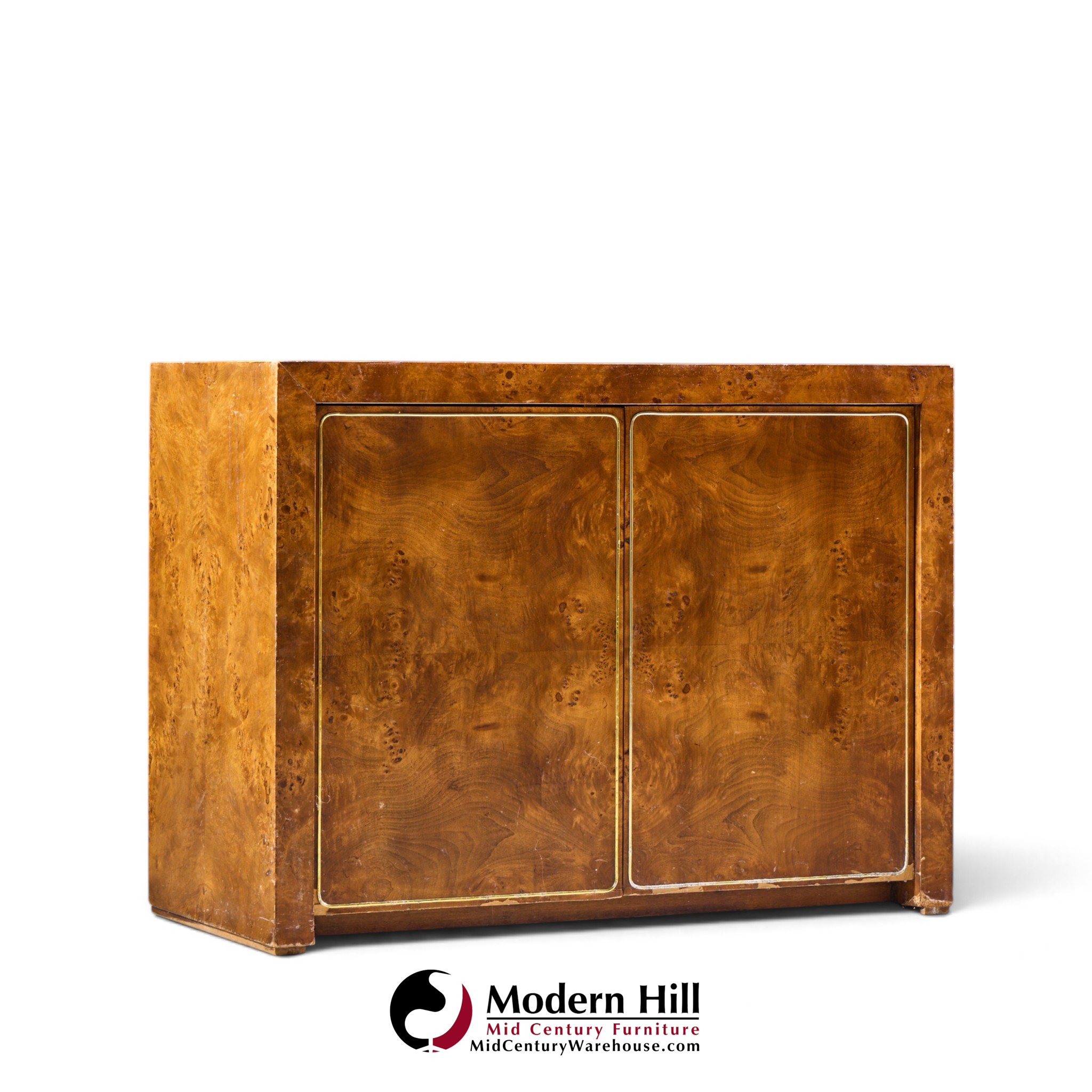 milo baughman style mid century burlwood and brass credenza with hutch