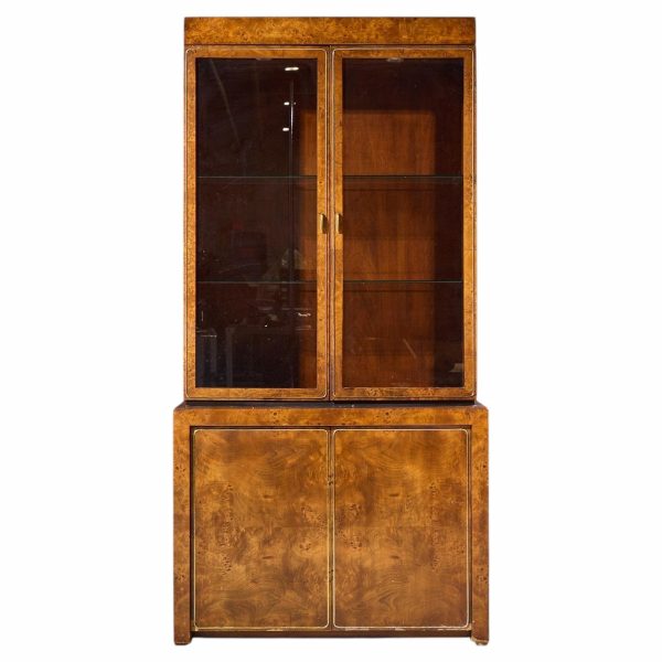 milo baughman style mid century burlwood and brass credenza with hutch