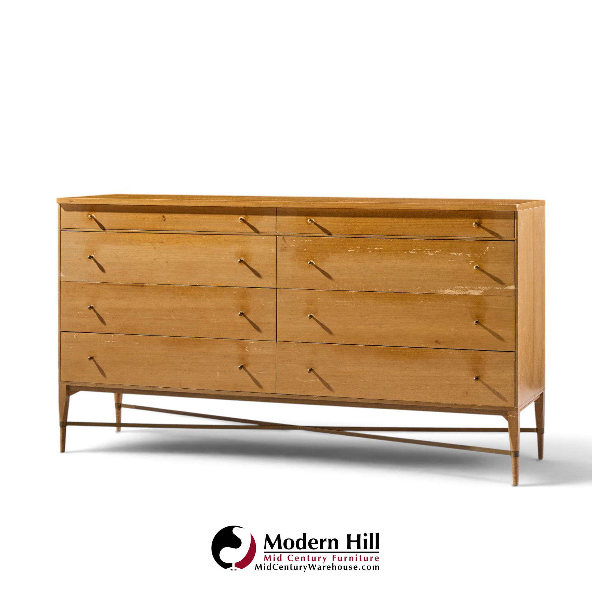 paul mccobb for calvin mid century mahogany and brass x base lowboy dresser