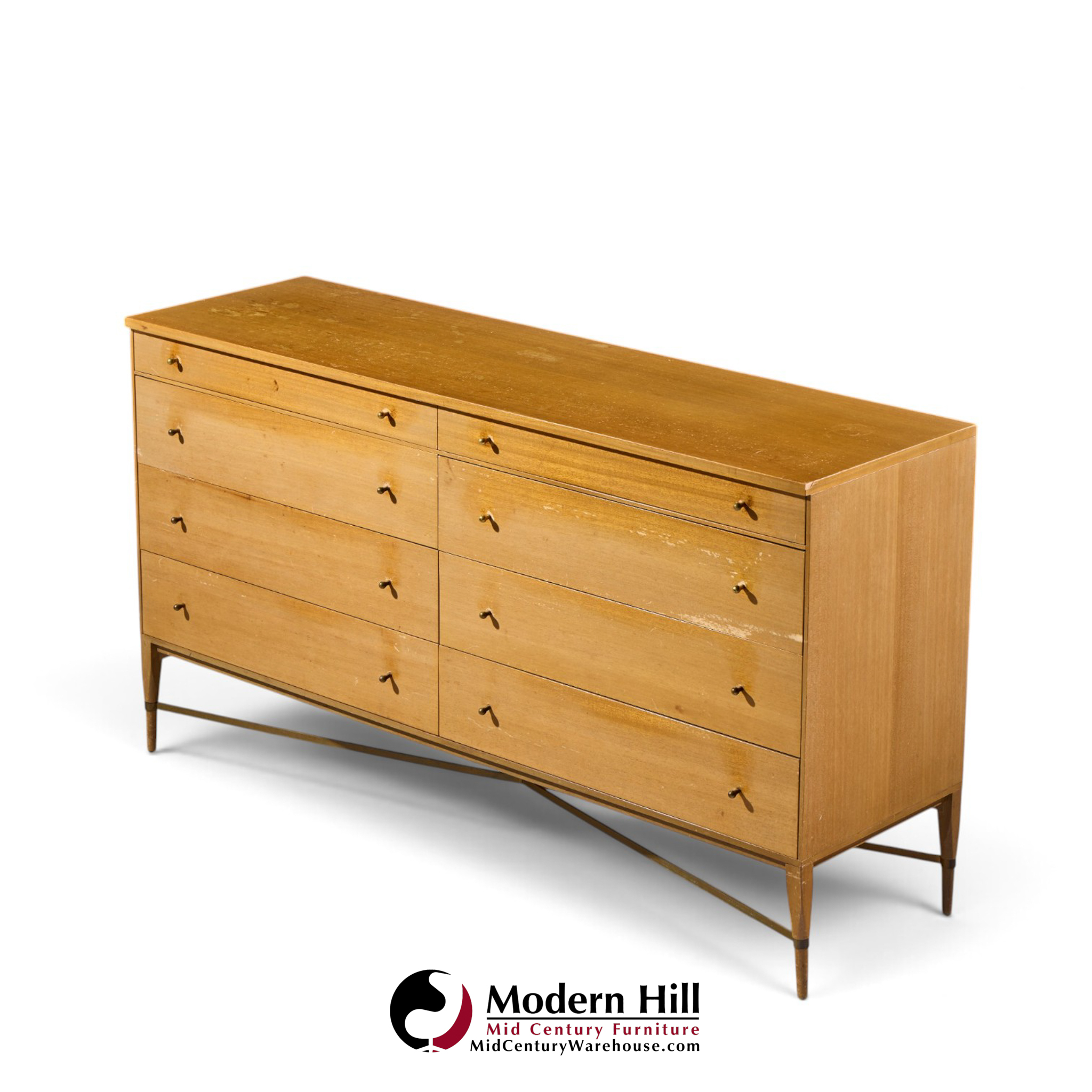 paul mccobb for calvin mid century mahogany and brass x base lowboy dresser