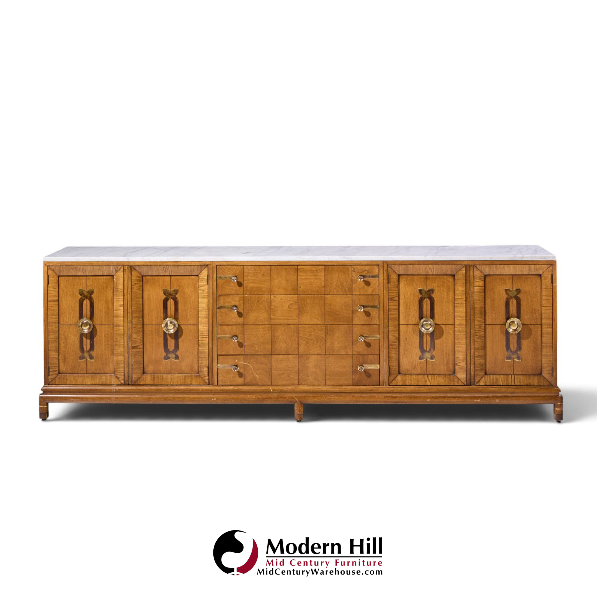 renzo rutili for johnson furniture mid century walnut, brass and marble credenza