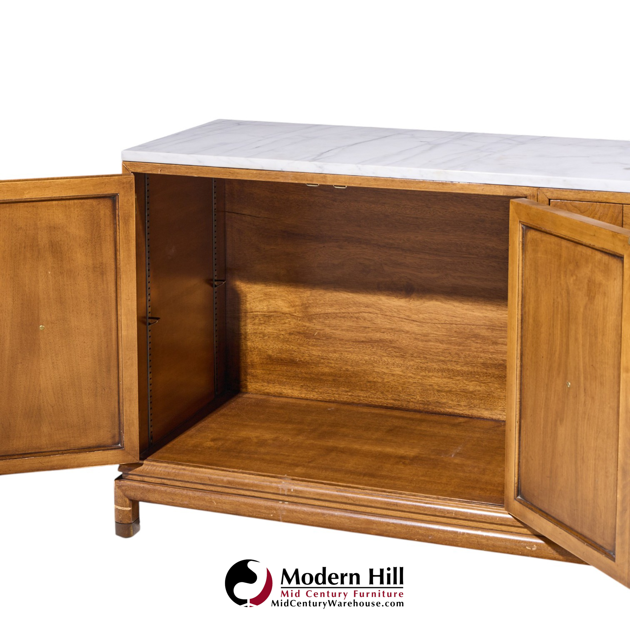 renzo rutili for johnson furniture mid century walnut, brass and marble credenza