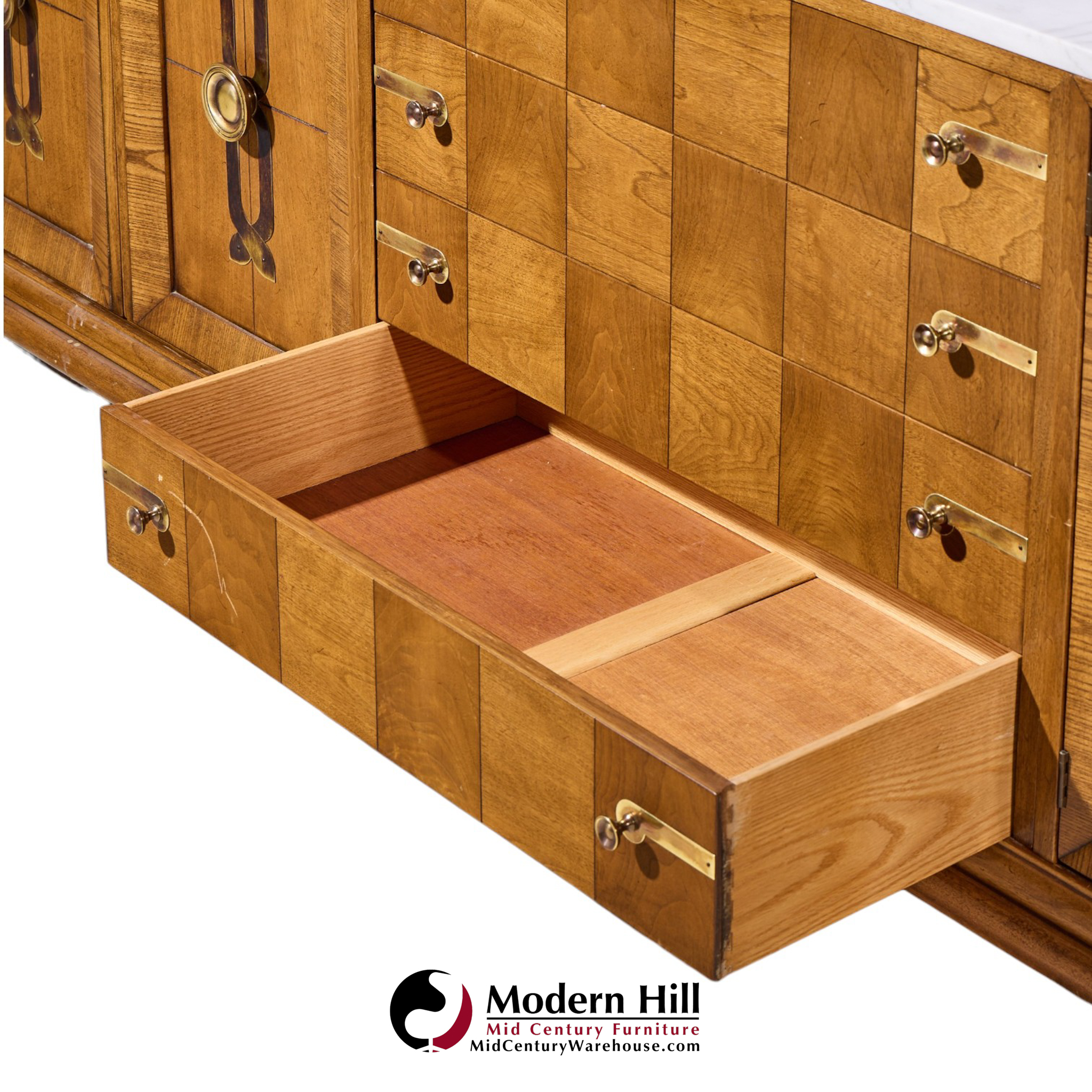 renzo rutili for johnson furniture mid century walnut, brass and marble credenza