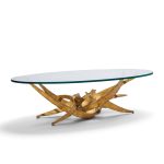 silas seandel brutalist mid century glass and gilt bronze coffee table