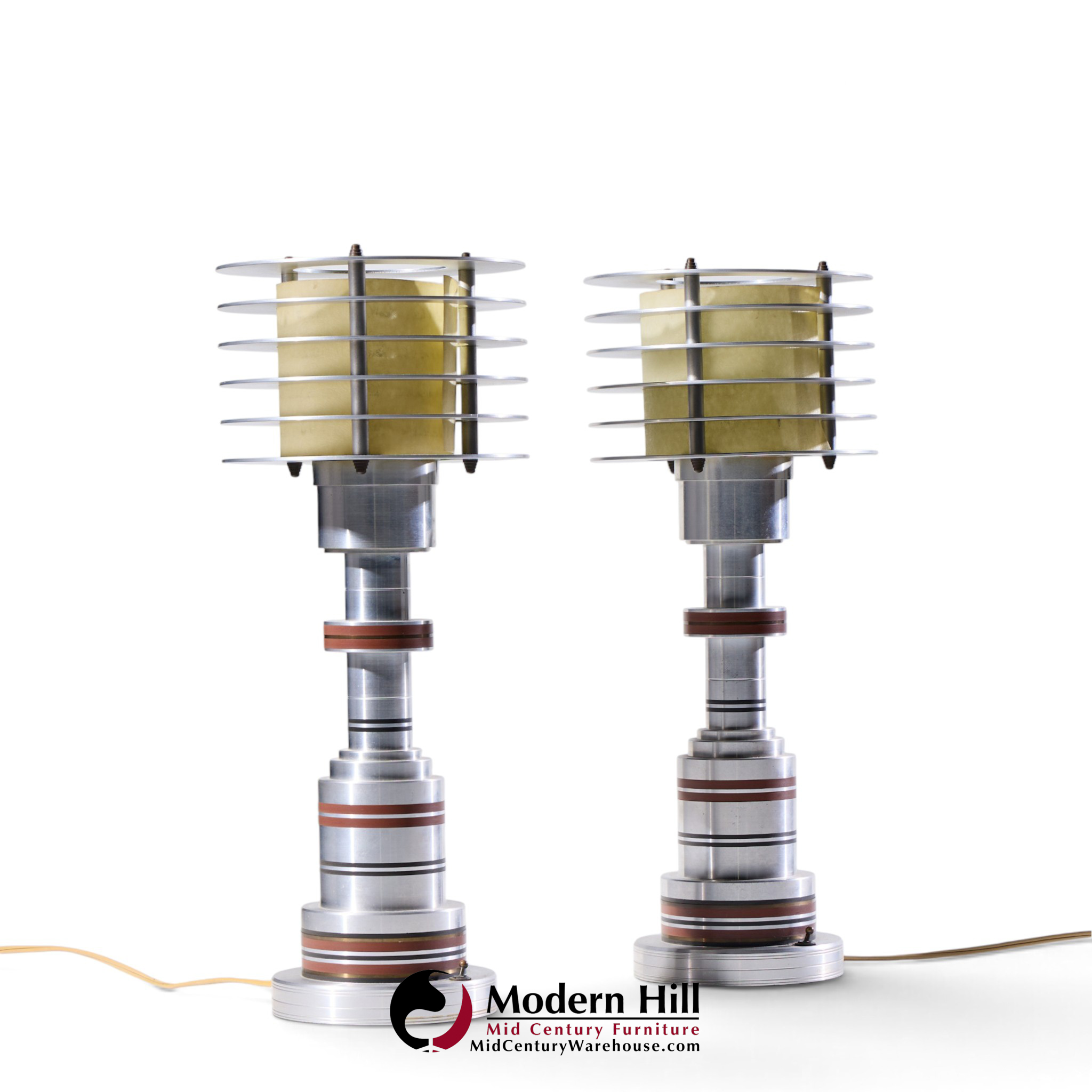 walter von nessen for pattyn products model 310 mid century machine age aluminum table lamps - pair