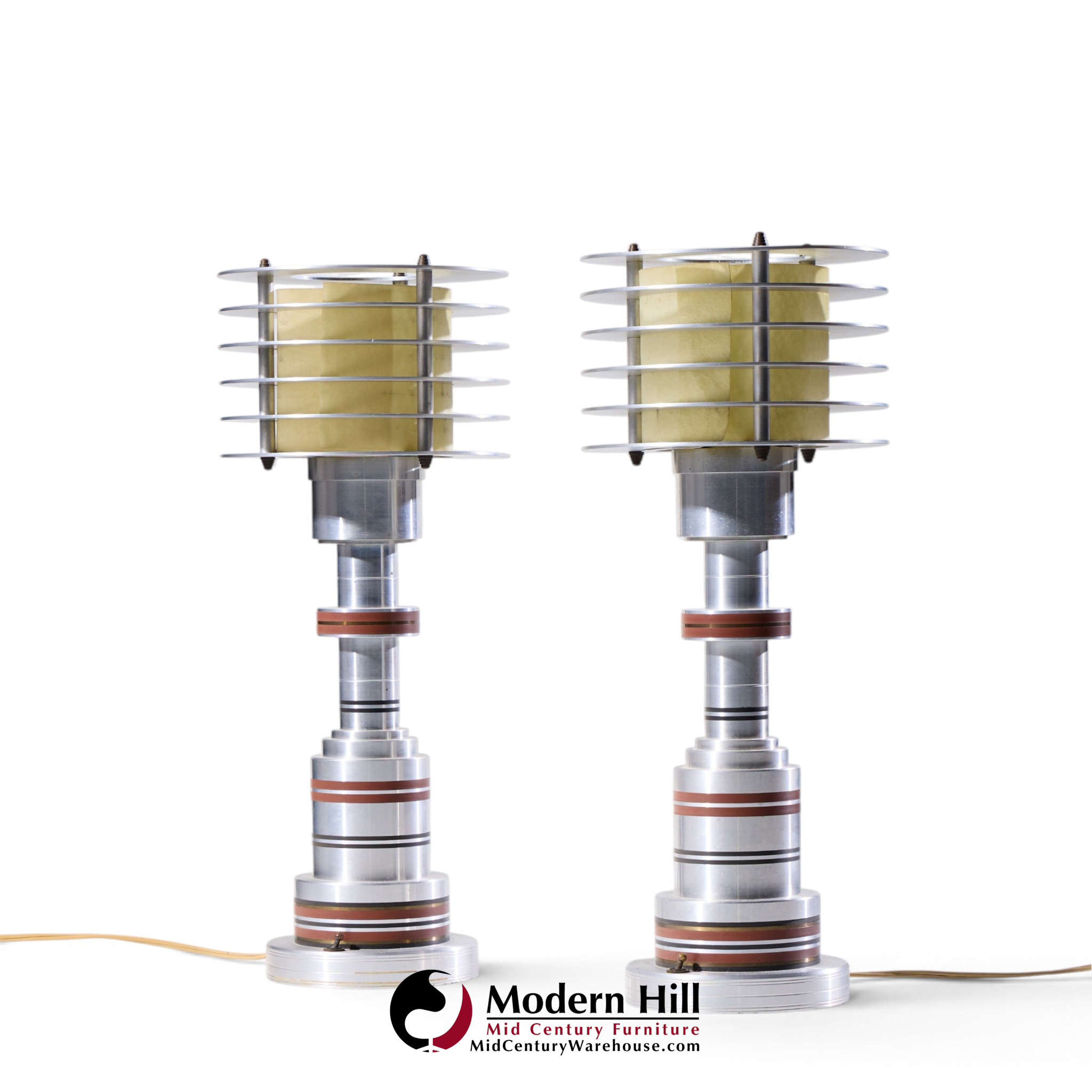 walter von nessen for pattyn products model 310 mid century machine age aluminum table lamps - pair