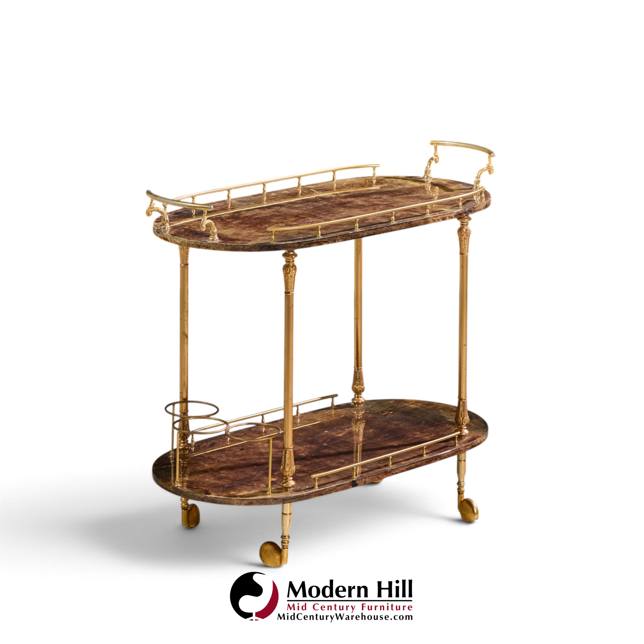 aldo tura mid century italian lacqured goatskin and brass bar cart