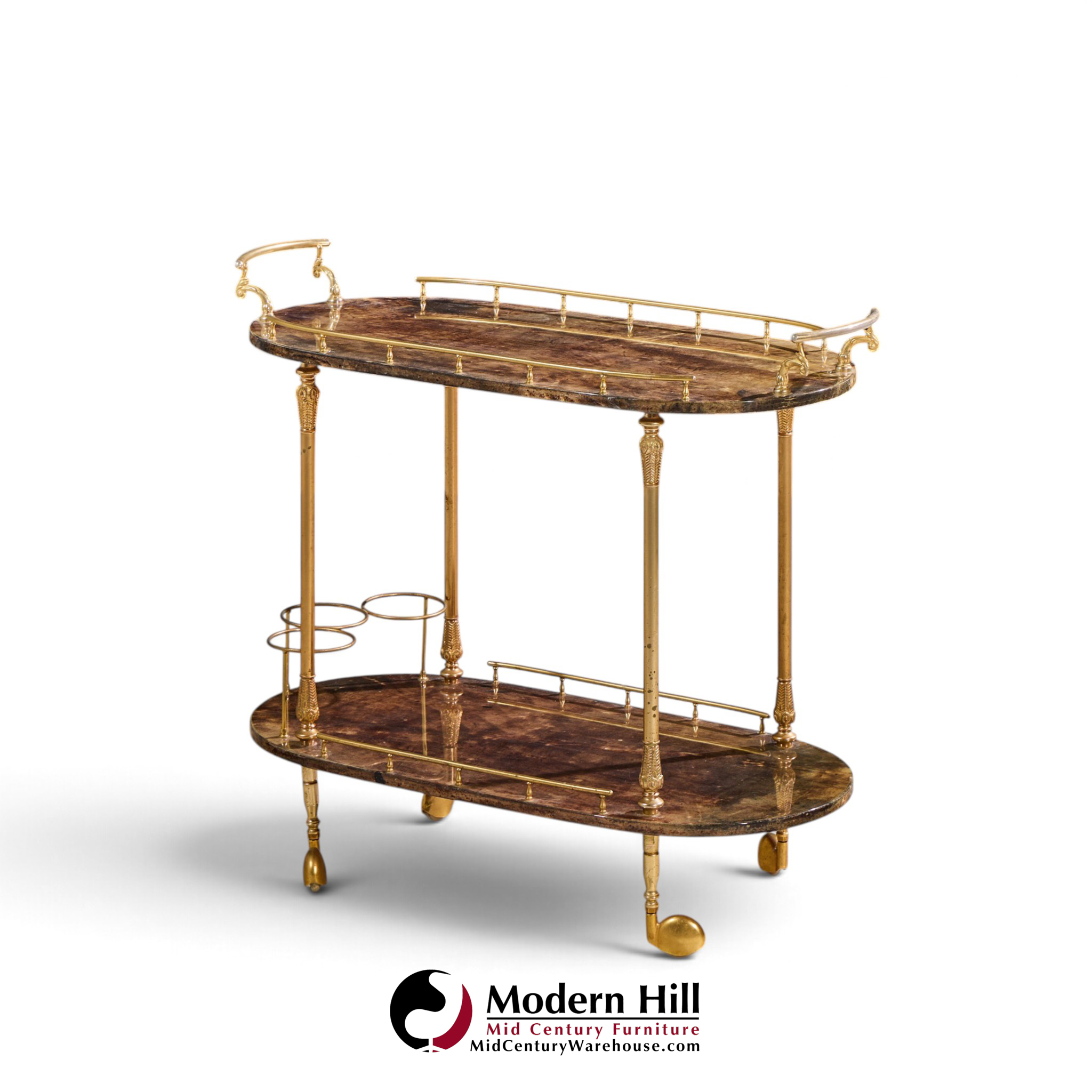 aldo tura mid century italian lacqured goatskin and brass bar cart