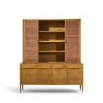 american of martinsville mid century walnut and cane credenza with hutch