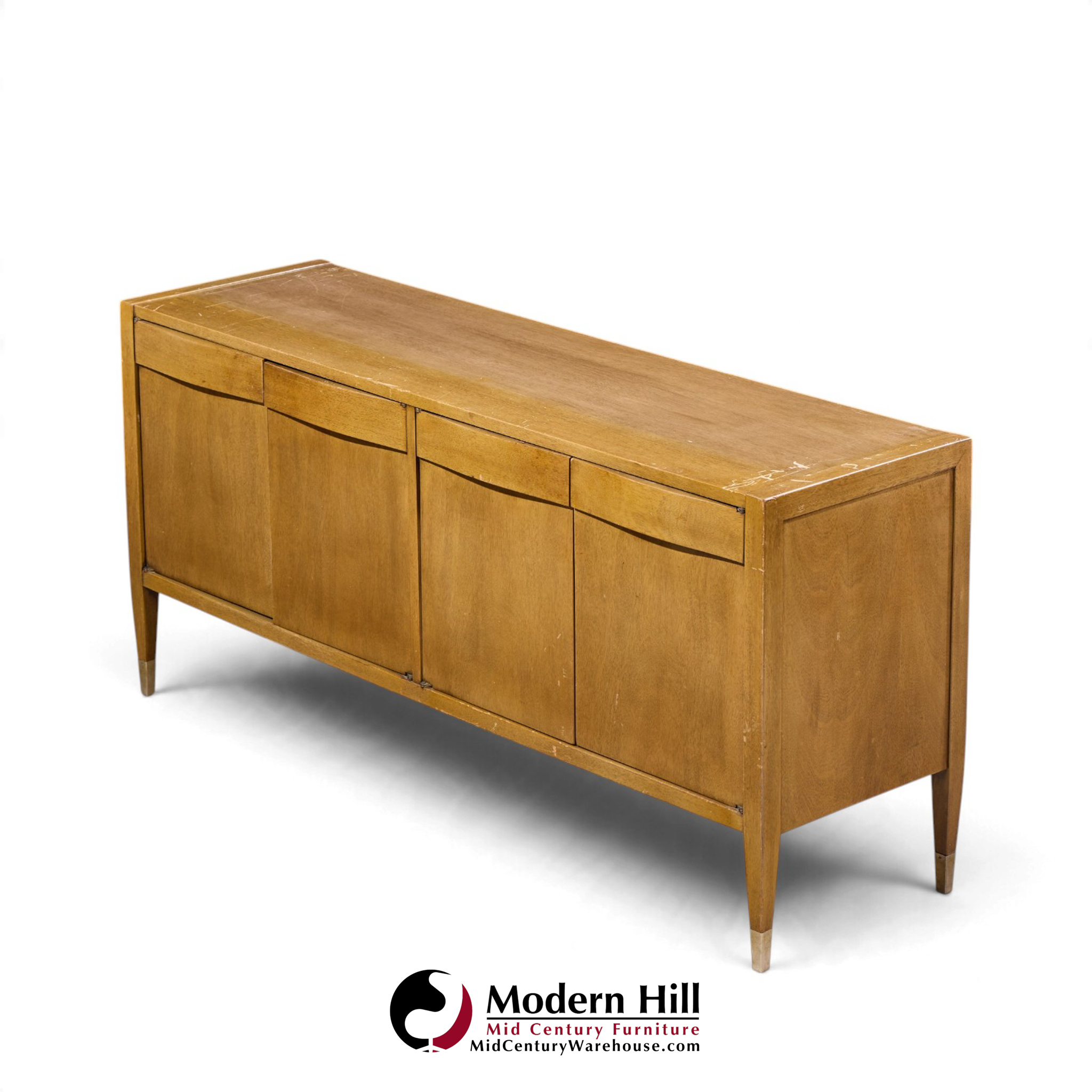 american of martinsville mid century walnut and cane credenza with hutch