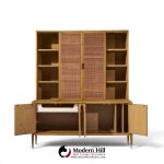 american of martinsville mid century walnut and cane credenza with hutch