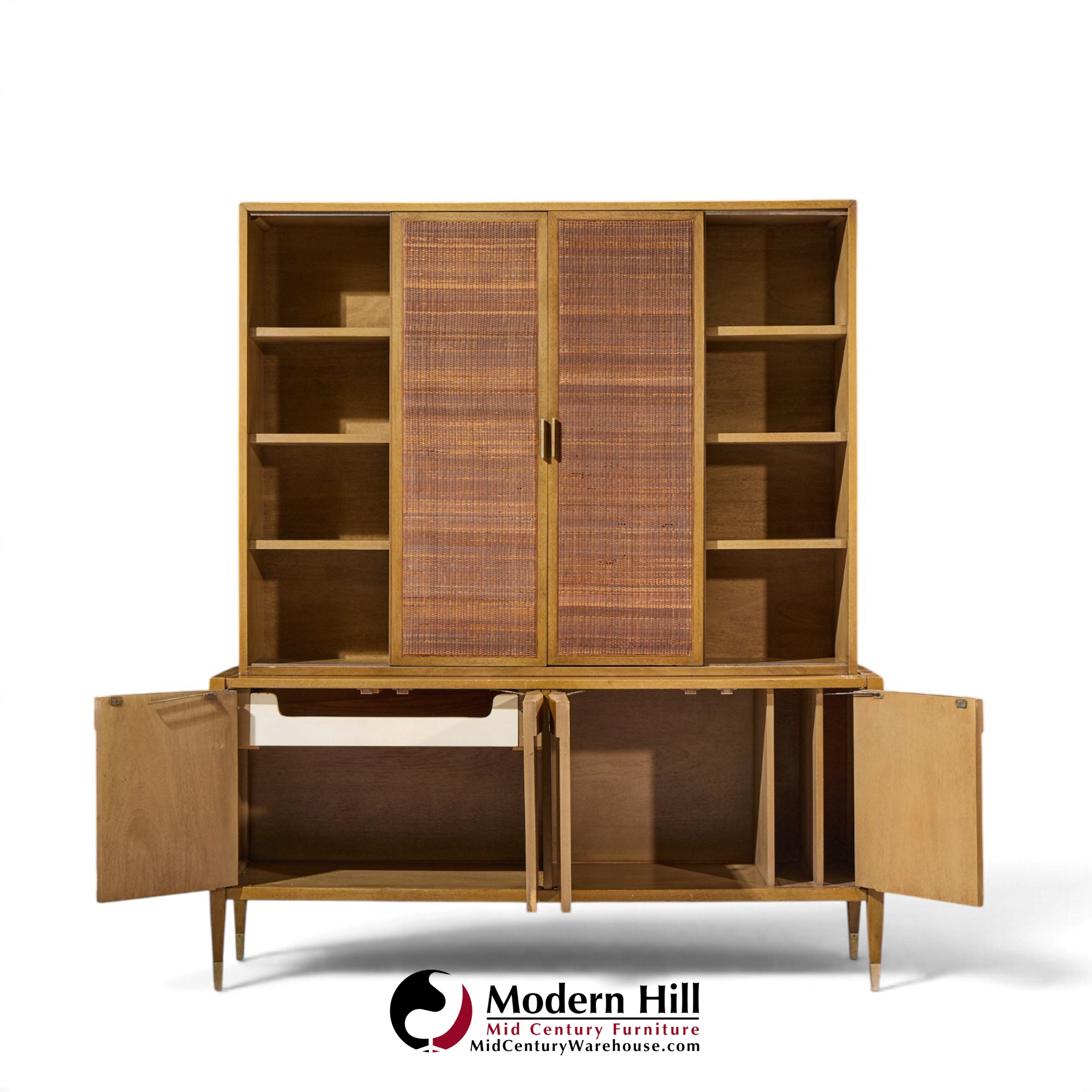 american of martinsville mid century walnut and cane credenza with hutch