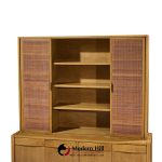 american of martinsville mid century walnut and cane credenza with hutch