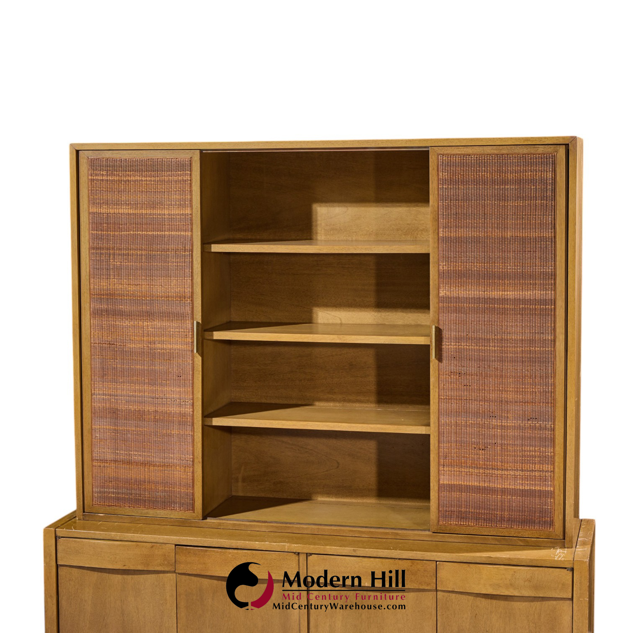 american of martinsville mid century walnut and cane credenza with hutch